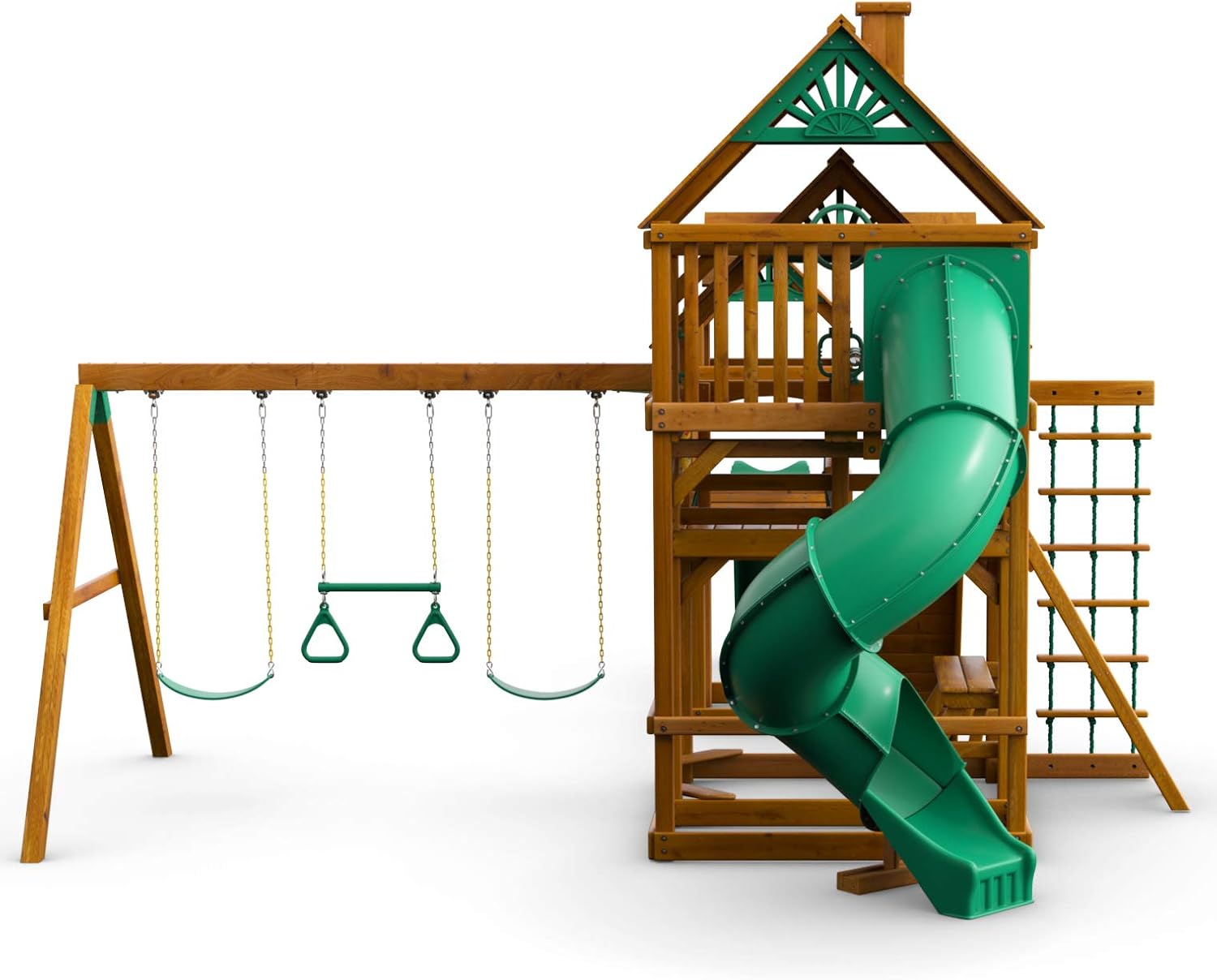 Gorilla Playsets 01-1037-AP Treasure Trove Treehouse Wood Swing Set with Tube Slide, Built-in Sandbox Area, and Clatter Bridge, Amber