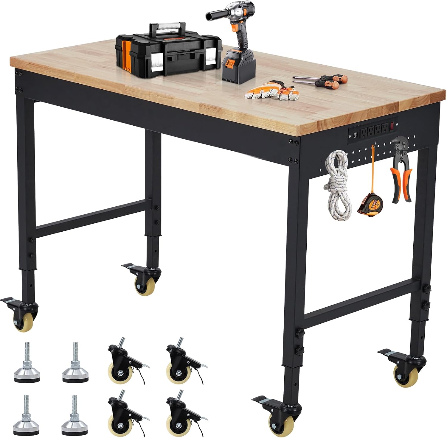48’’x24’’ Adjustable Workbench,Workbench with Drawers,Darage Workbench with Pegboard,2000 LB Load Capacity,4 Rolling Casters, Power Outlets, Metal Frame,for Garage, Workshop, Home, Office