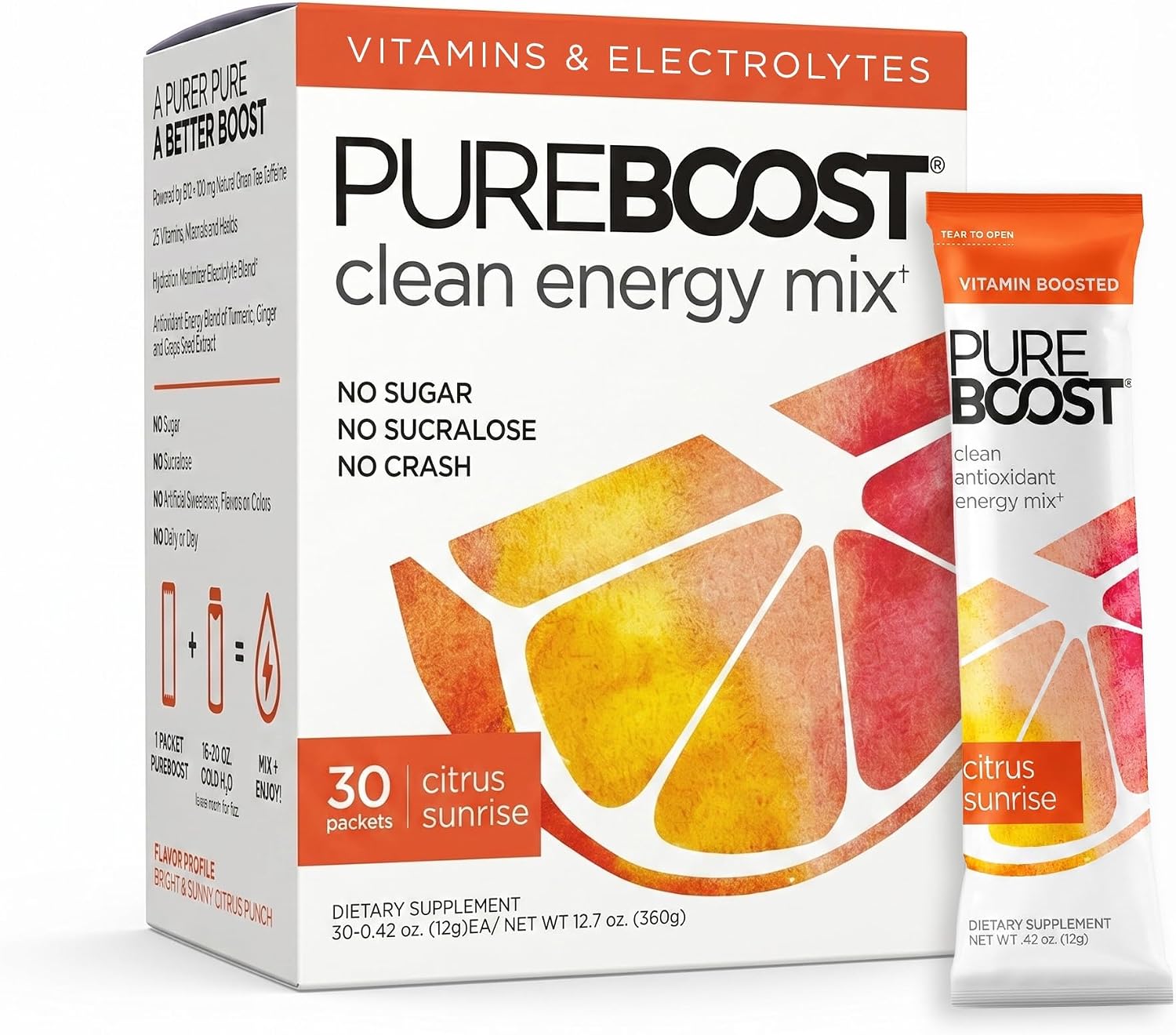 Pureboost Sugar-Free Clean Energy Booster Drink Mix, Citrus Sunrise 30ct | B12 vitamins, low sodium electrolytes & antioxidants. 25 vitamins and minerals. No sucralose.