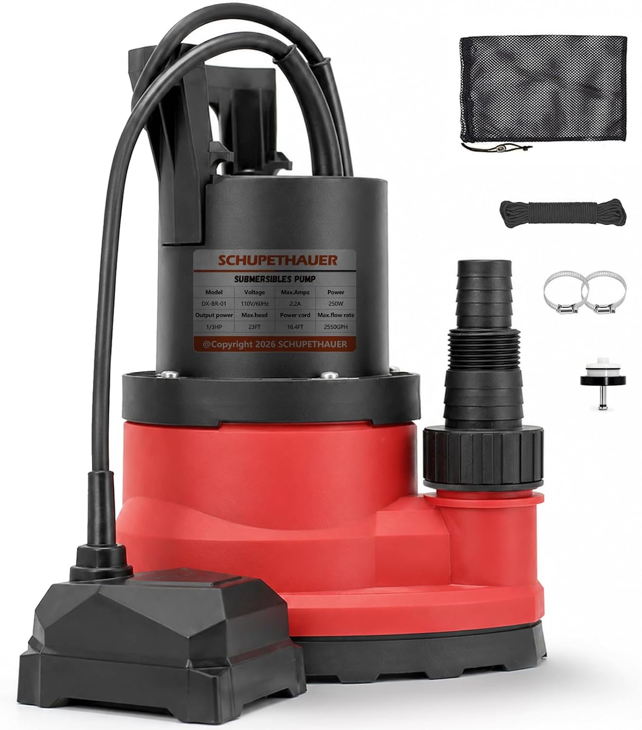 1/3 HP Automatic Sump Pump, 110V 2550 GPH Submersible Utility Water Pump | Auto Switch, Drains Down to 0.1”, 16 FT power cord