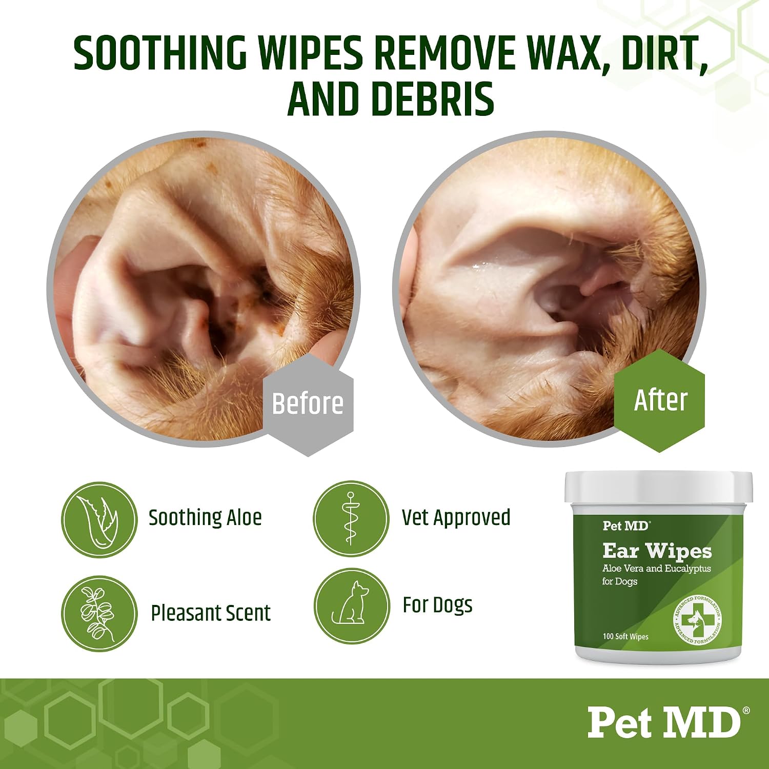 Pet MD Dog Ear Cleaning Wipes – Otic Cleanser for Dogs - 100 ct | Soothing Ear Care with Aloe Vera & Eucalyptus, Regular Wipes