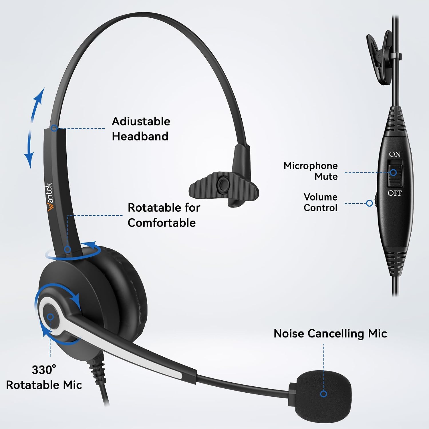 Wantek Corded Telephone Headset Mono w/Noise Canceling Mic for Avaya Aastra Allworx Adtran Alcatel Lucent AltiGen Comdial Digium Gigaset InterTel Mitel Plantronics MiVoice Landline Deskphones(F600S1)