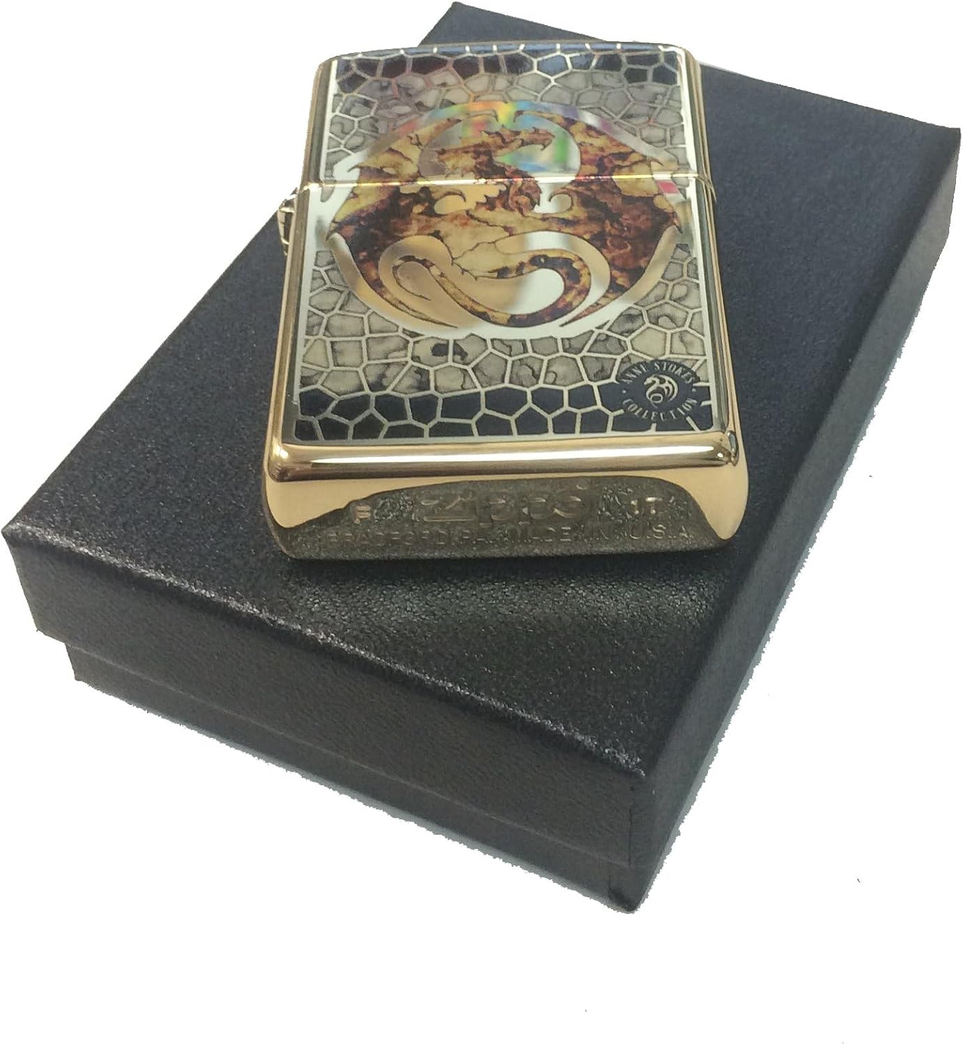 Zippo Custom Lighter - Ann Stokes Artist Dragon w/Scales Design High Polish Brass