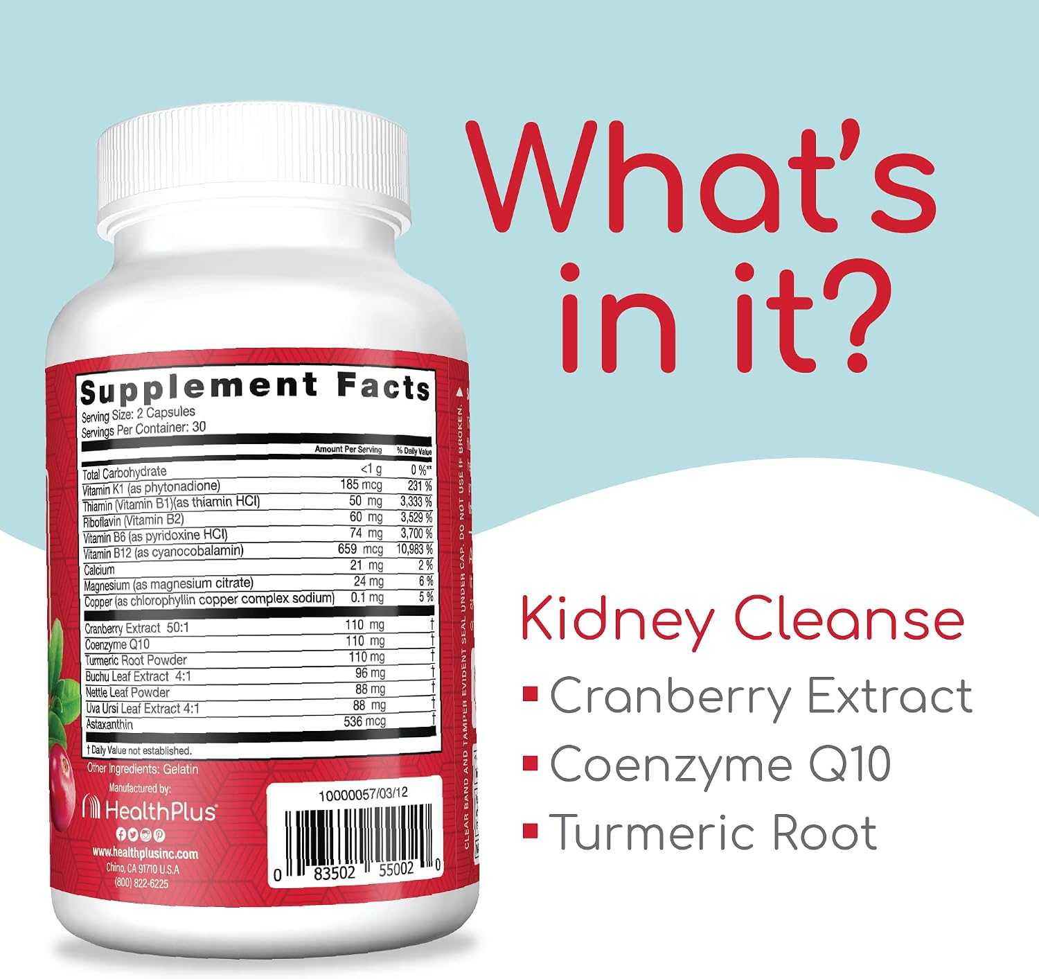 Health Plus Advanced Kidney Cleanse with Cranberry Extract, Turmeric Root and CoQ10, Helps Support Healthy Kidney Function & Urinary Tract Wellness