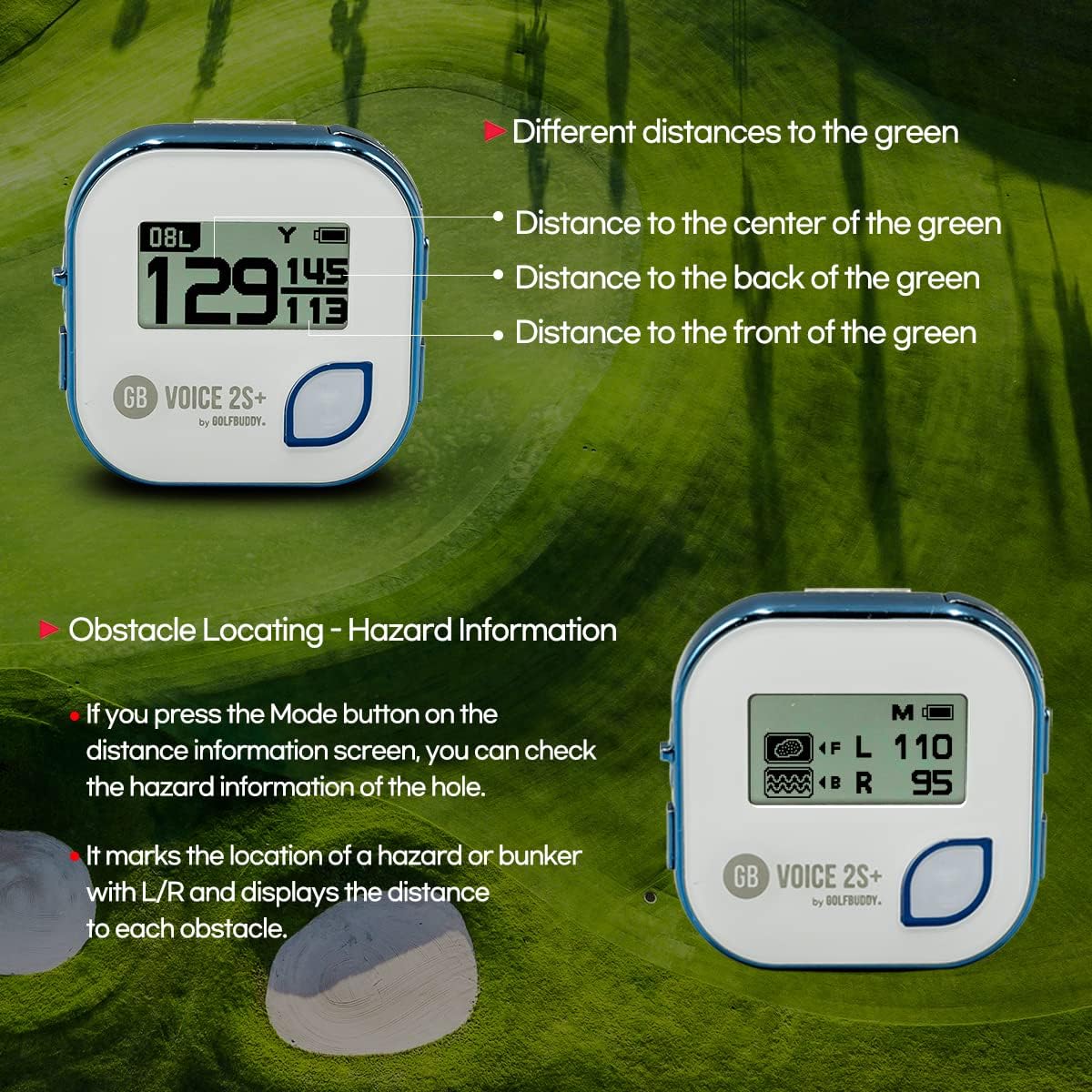 GOLFBUDDY Voice 2S+ Talking GPS Rangefinder, Clip on Hat Golf Navigation, Slope Mode on/Off, 18 Hours Battery Life, Shot Distance Measurement