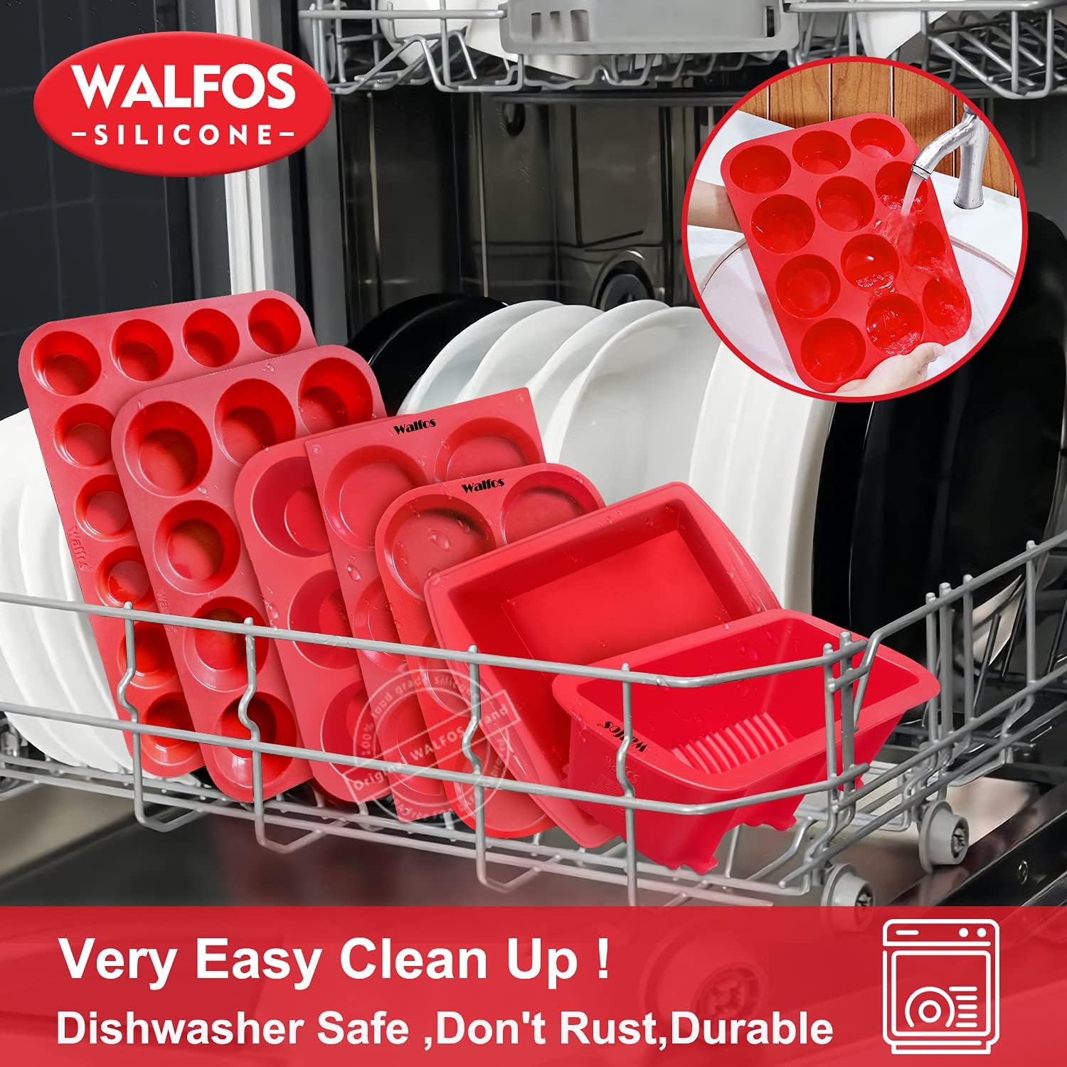 Walfos Silicone Muffin Pan - 6 Cup Non-Stick Silicone Cupcake Pan, Just Release! Food Grade and BPA Free Baking Cups, Perfect for Egg Muffin, Cupcake