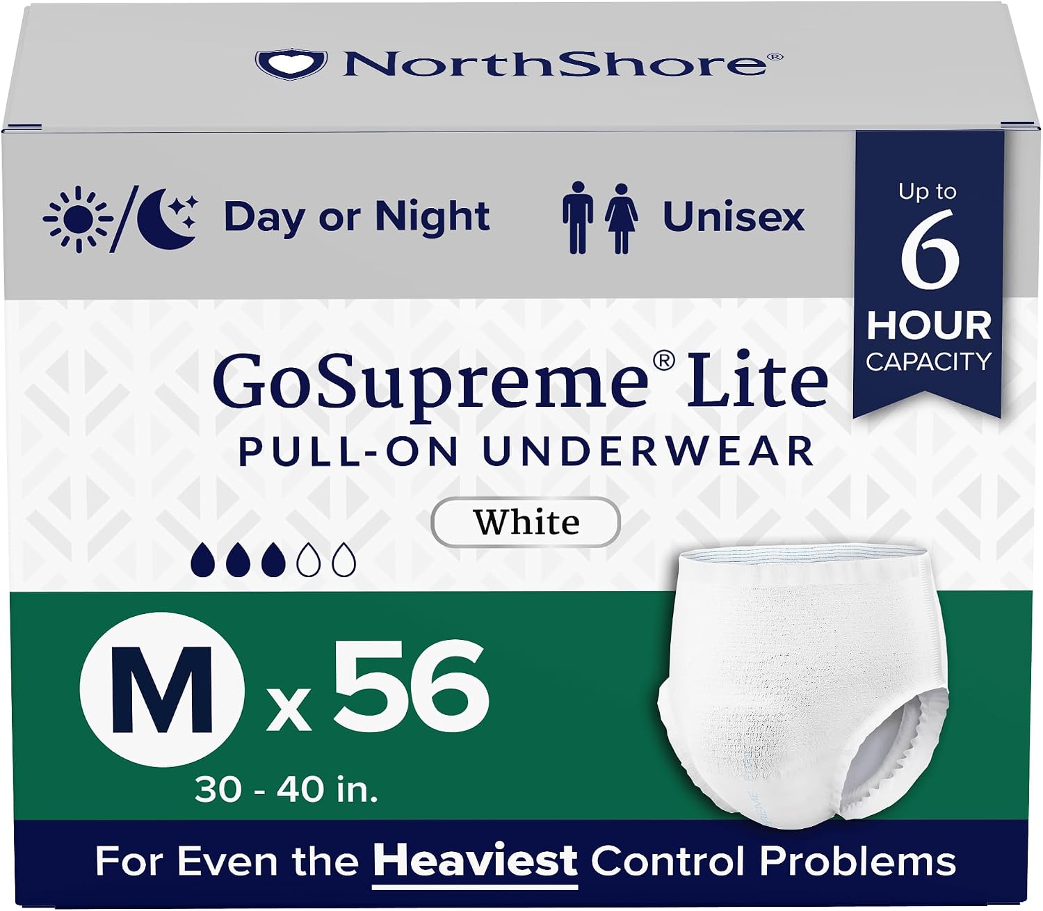 NorthShore GoSupreme Lite 6-Hour Daytime Underwear, White, Medium, 14 Count