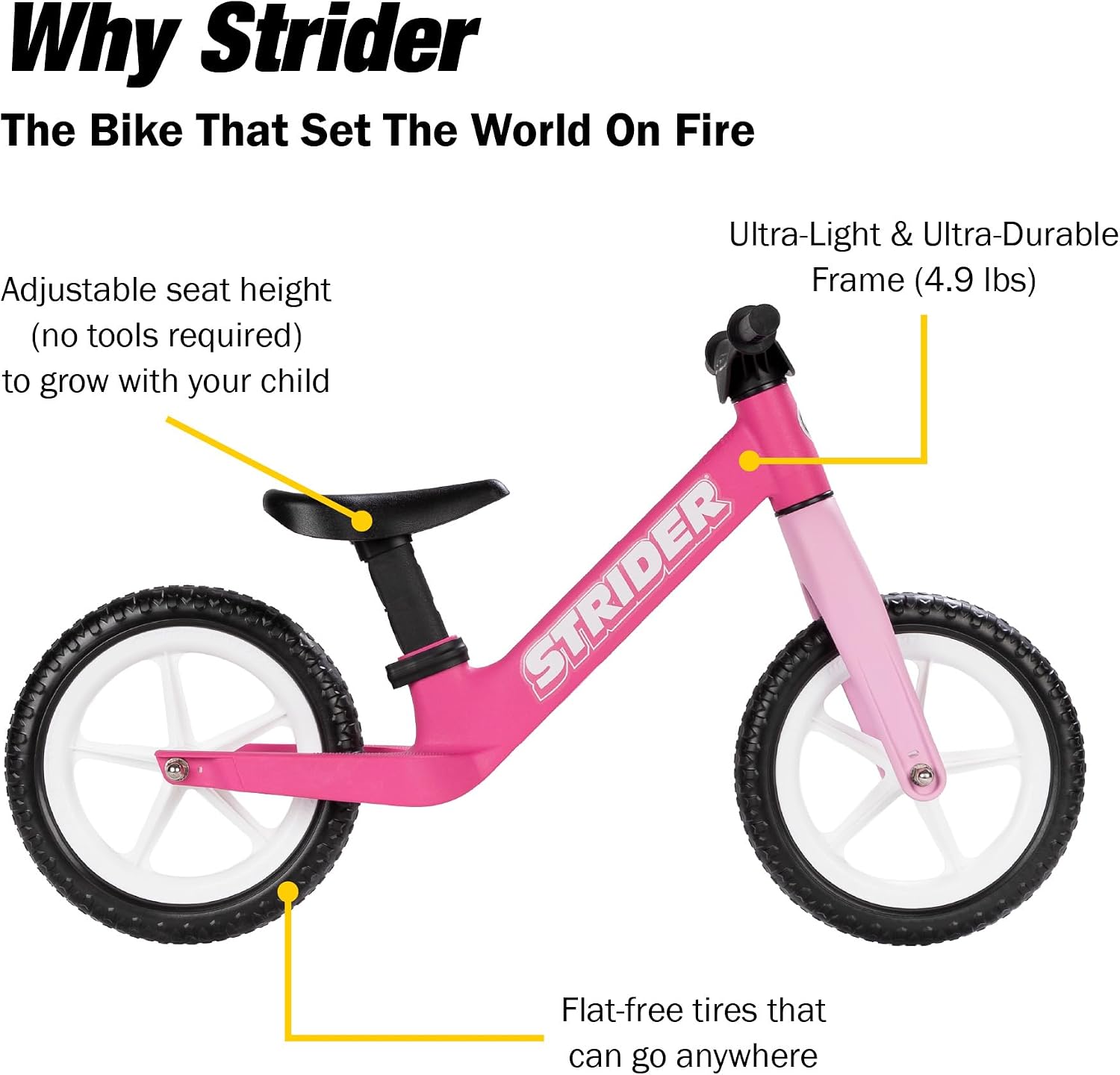 Strider 12 Comp, No Pedal Balance Bike for Kids Ages 1–3 Years | No-Pedal Composite Bike, Adjustable Seat, Lightweight Frame, Easy Assembly, Durable All-Weather Plastic, Never Flat Tires
