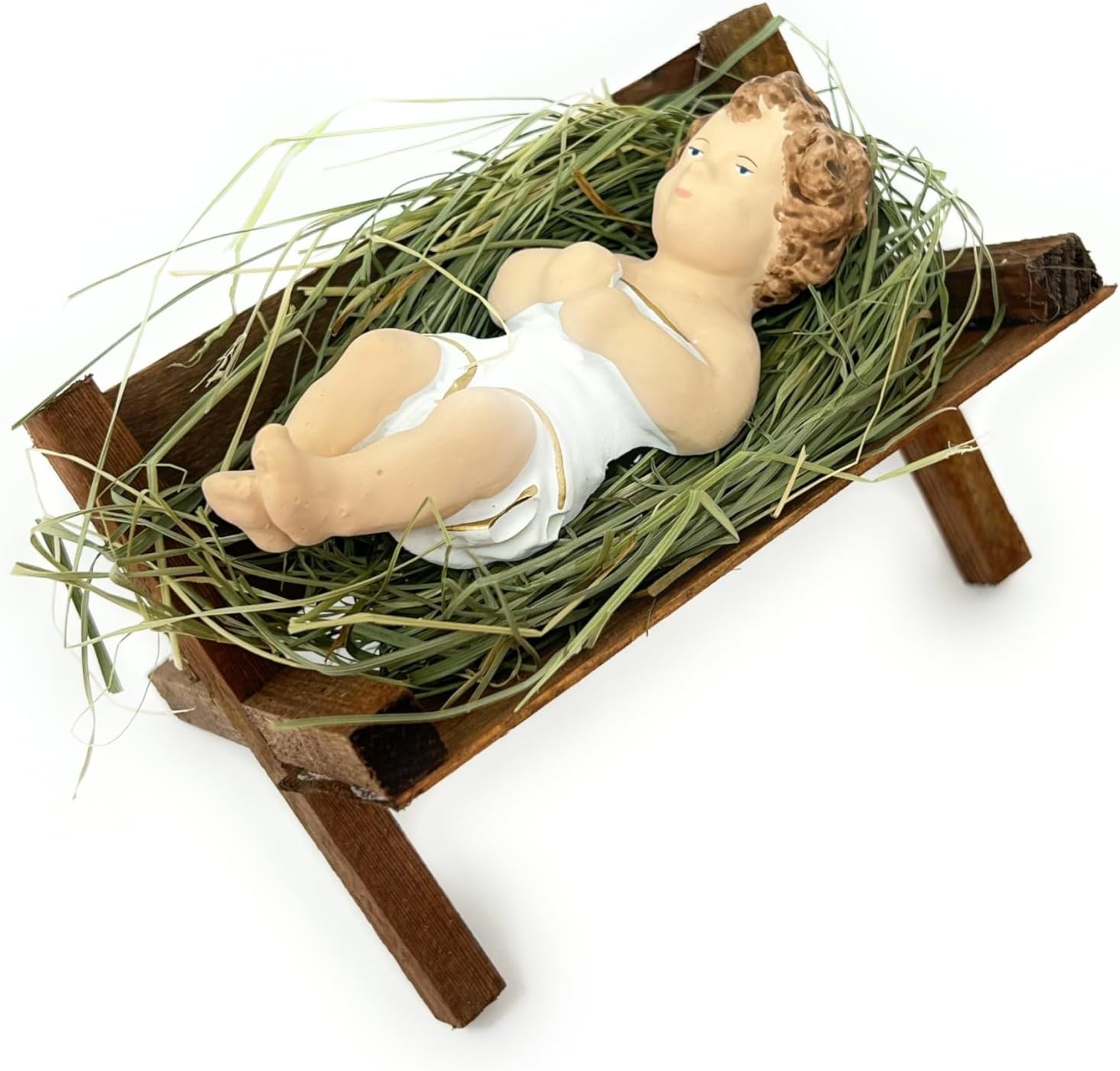 4 Inch Baby Jesus in Manger Figurine, Small Baby Jesus Manger Crib for Nativity Set on Natural Hay, Handcrafted Holy Gift Made in Poland