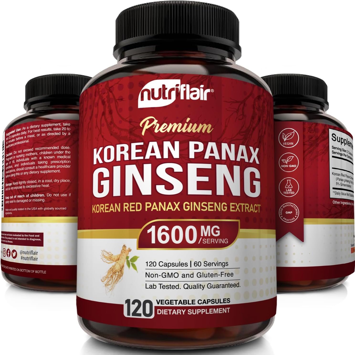 NutriFlair Korean Red Panax Ginseng 1600mg – 120 Vegan Capsules | 5% Ginsenosides | Non-GMO
