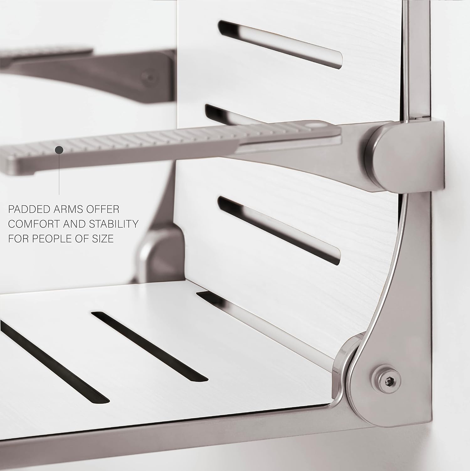 Seachrome Silhouette Comfort Folding Wall Mount Shower Bench Seat with Arms, Teak Seat with Silver Frame
