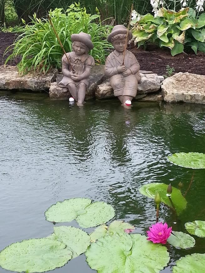 Fishing Boy & Girl Cast Stone Statues - Sculptures - Classic Iron Finish - Great Garden Gift Idea!