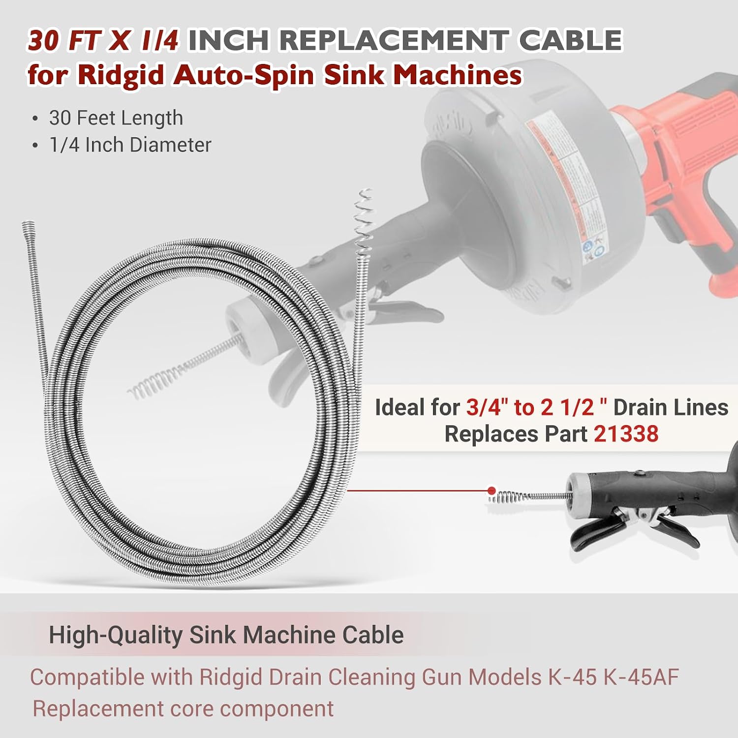 Replacement Drain Snake Cable Compatible with Ridgid K-45 & K-45AF Auto-Spin Drain Augers, 21338 Inner Core Cable, 30 Ft x 1/4 in