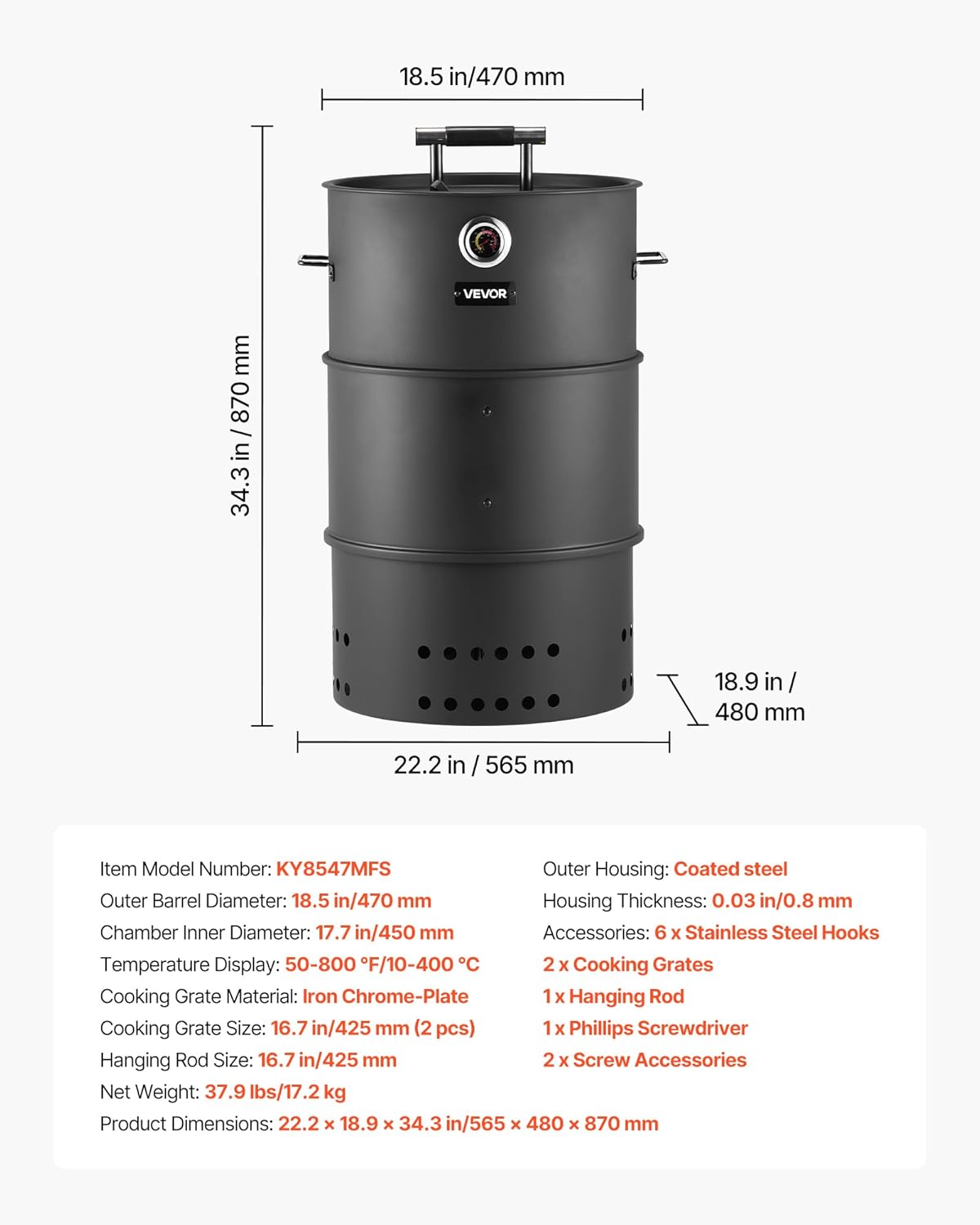 VEVOR Charcoal Smoker Grill, 18.5" Barrel Charcoal BBQ Smoker, Coated Steel Outdoor Barbecue Grill with 2 Grilling Grates, 1 Hanging Rod