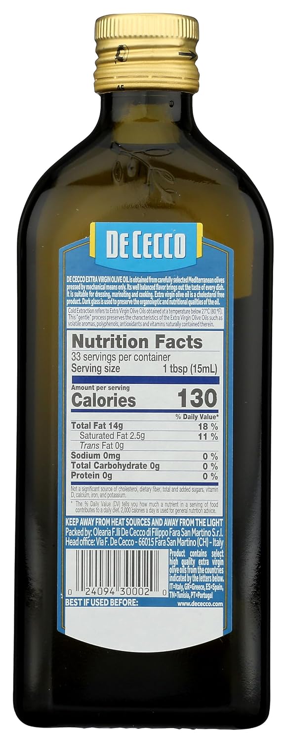 De Cecco Extra Virgin Olive Oil, Classico, Cold Extraction, Great for Cooking & Smooth Taste, 16.9 Fl Oz