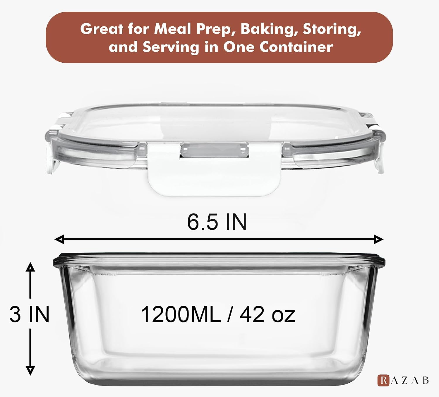 Razab 2 PC 1200ML / 41 Oz Glass Food Storage Containers with Lids - Airtight & Leakproof - Microwave/Oven/Freezer Safe - BPA Free - Ideal for Meal