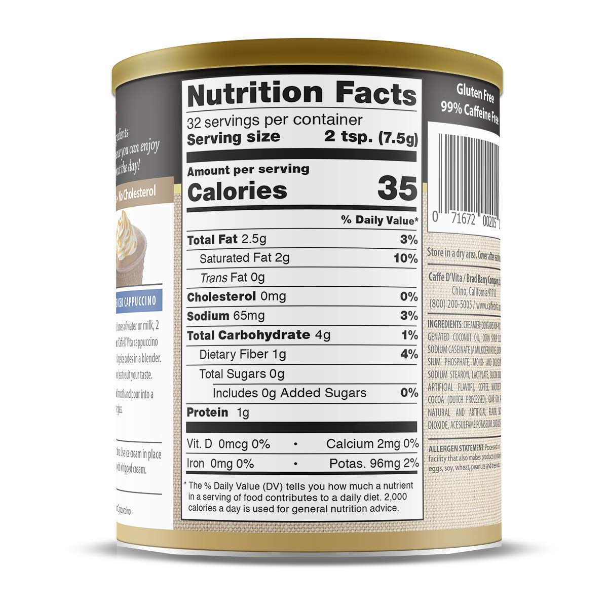 Caffe D'Vita Mocha Cappuccino Mix - 4 lb can (64 oz.) | Instant Cappuccino Mix, Gluten Free, No Cholesterol or Trans Fat, 99% Caffeine Free, Mocha
