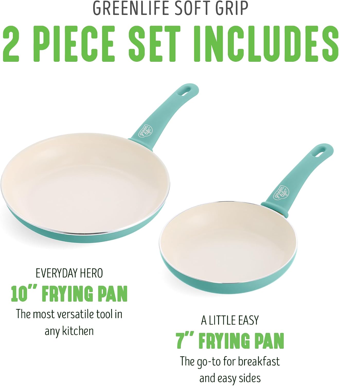 GreenLife 2 Piece (7” & 10”) Ceramic Nonstick Frying Pan Set, Turquoise | PFAS-Free Nonstick Coating, Family Skillet Set, Egg Pan, Omelet Pan, Stay-Cool Handles, Dishwasher & Oven Safe up to 350F