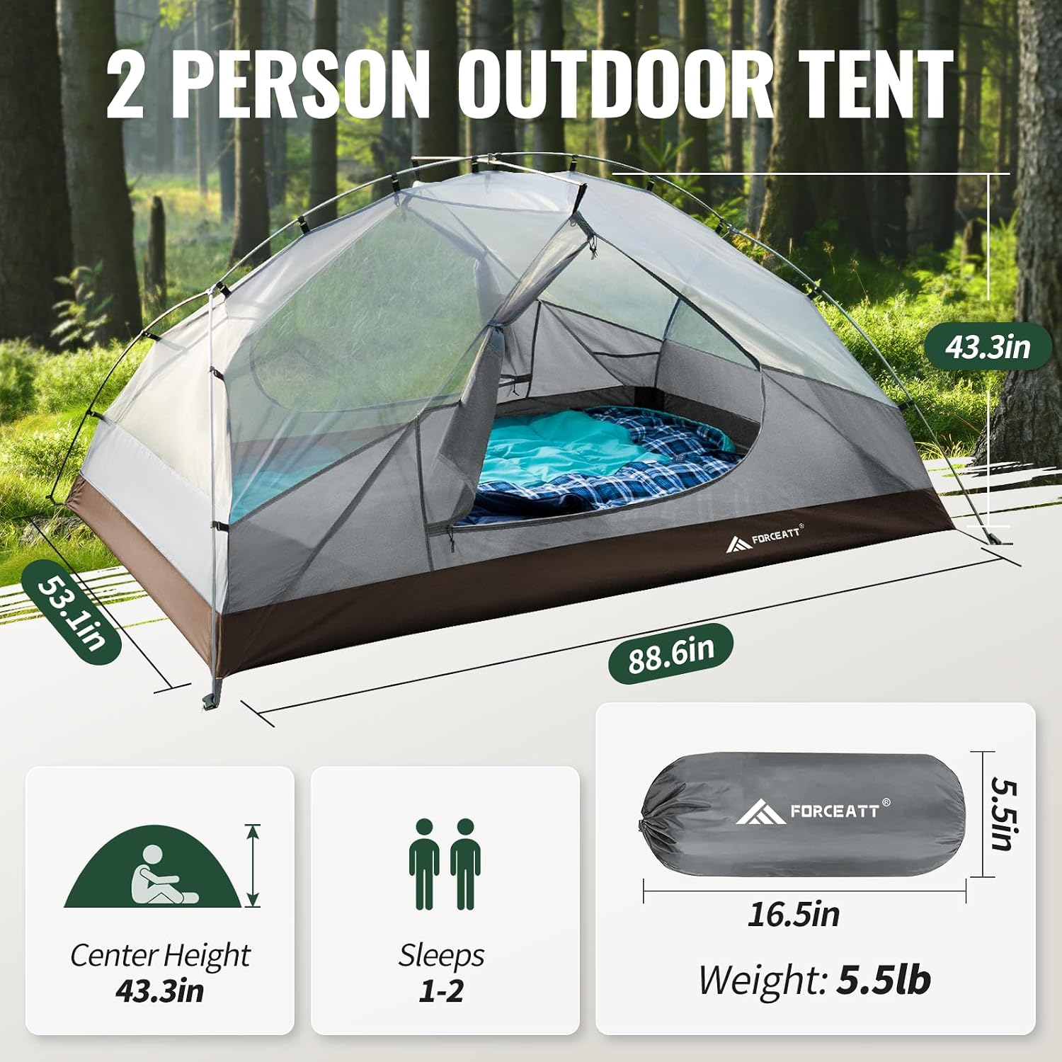 Forceatt Tent for 2 and 3 Person is Waterproof and Windproof, Camping Tent for 3 to 4 Seasons