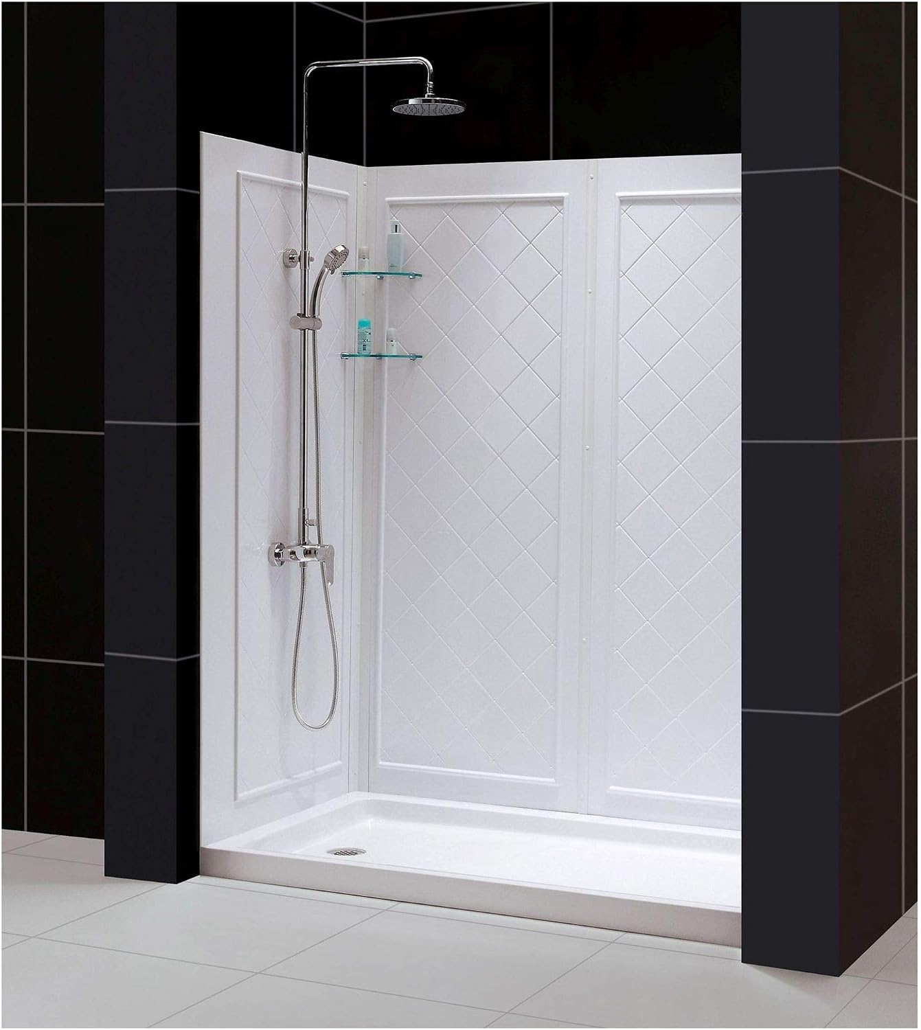 DreamLine 32 in. D x 60 in. W x 76 3/4 in. H Left Drain Acrylic Shower Base and QWALL-5 Backwall Kit In White, DL-6190L-01