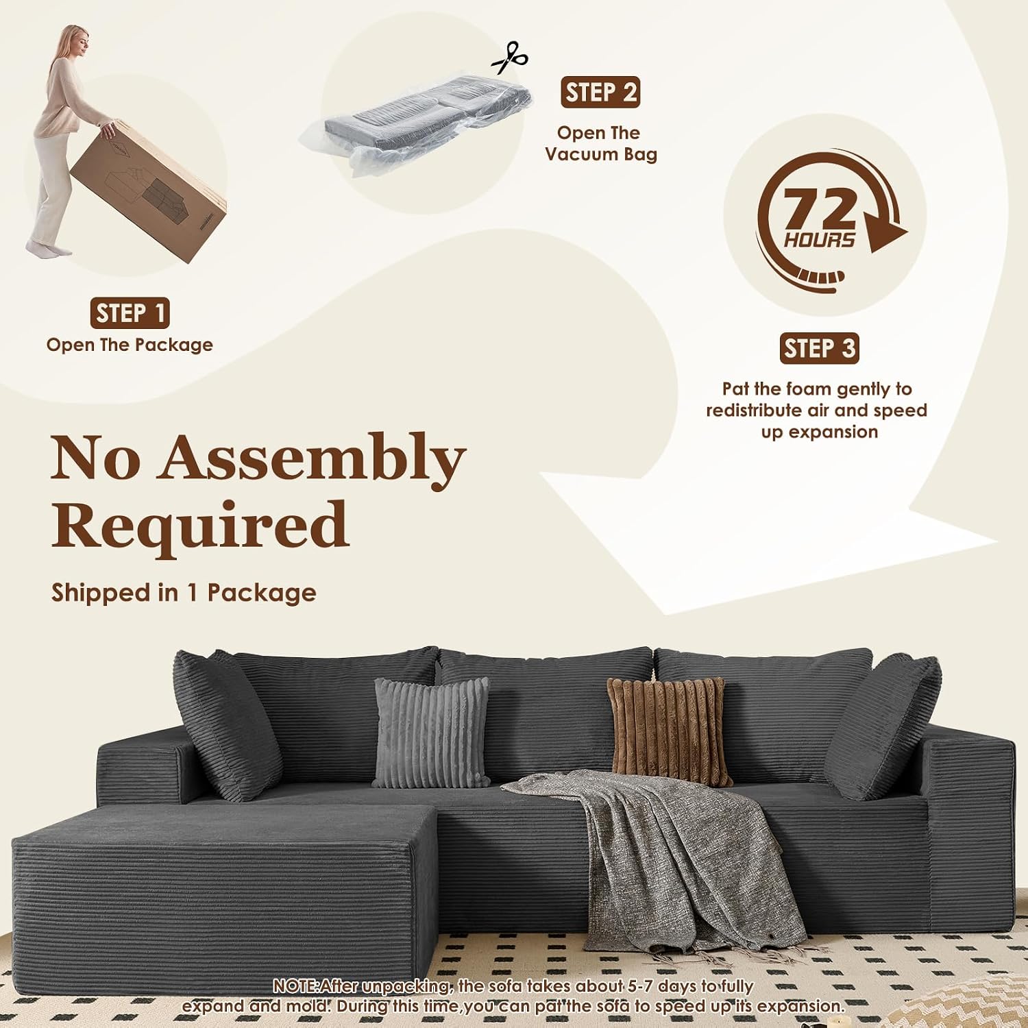 INGEROOM 108" Cloud Sectional Couch with L-Shape Chaise, Modular Sofa Memory Foam, Boneless Sofa with Movable Ottoman