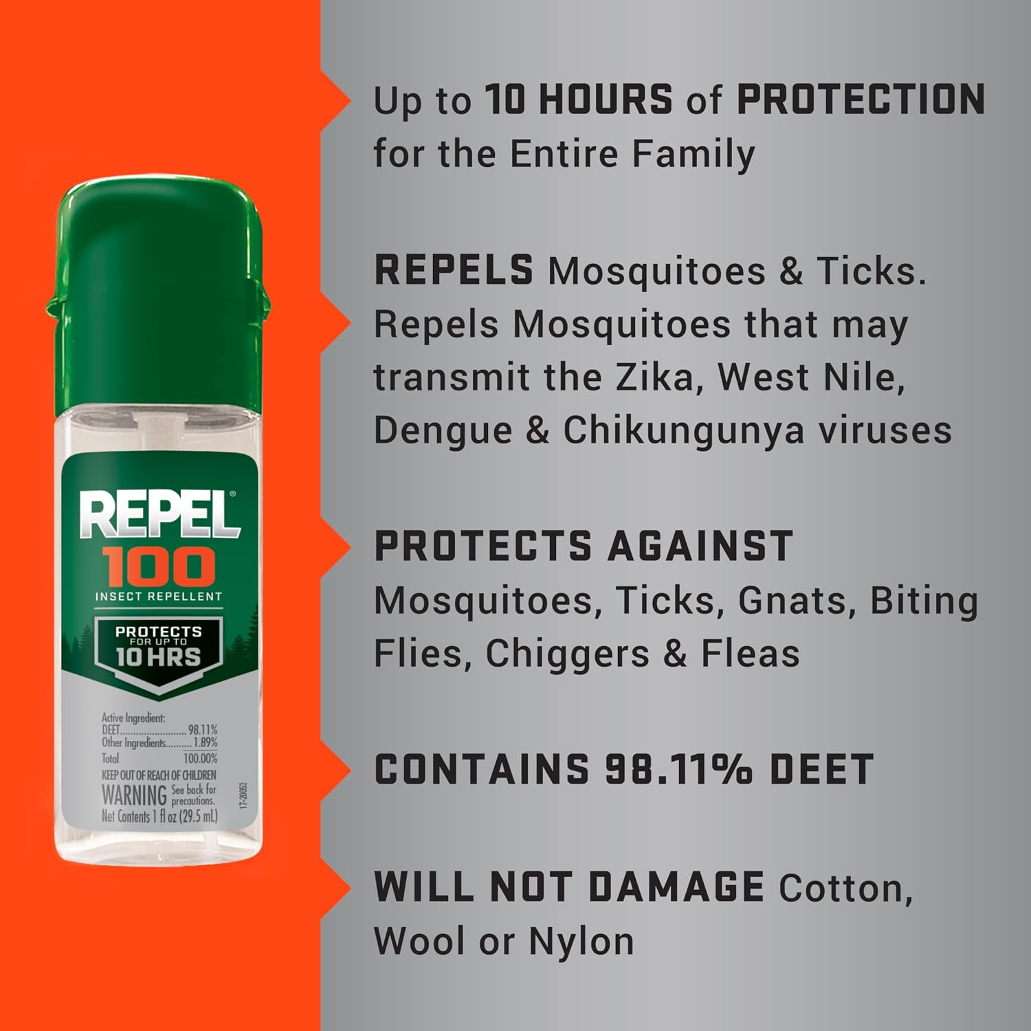 Repel 100 Insect Repellent, 1 Ounce, With DEET, 10-Hour Protection Long-Lasting Insect Repellent Travel Pump Spray Repels Mosquitoes, Ticks, Gnats, Biting Flies, Chiggers And Fleas