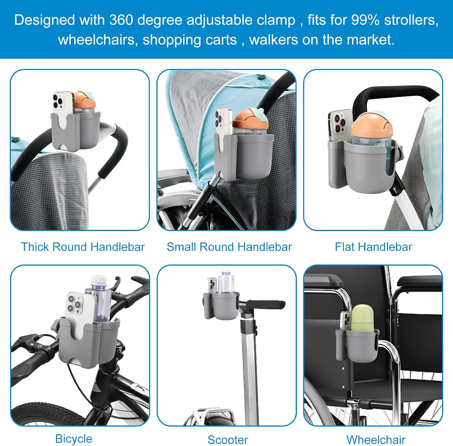 Accmor Stroller Cup Holder with Phone Holder, Bike Cup Holder, Universal Cup Holder for Uppababy Nuna Strollers, 2-in-1 Drinks Holder for Walker