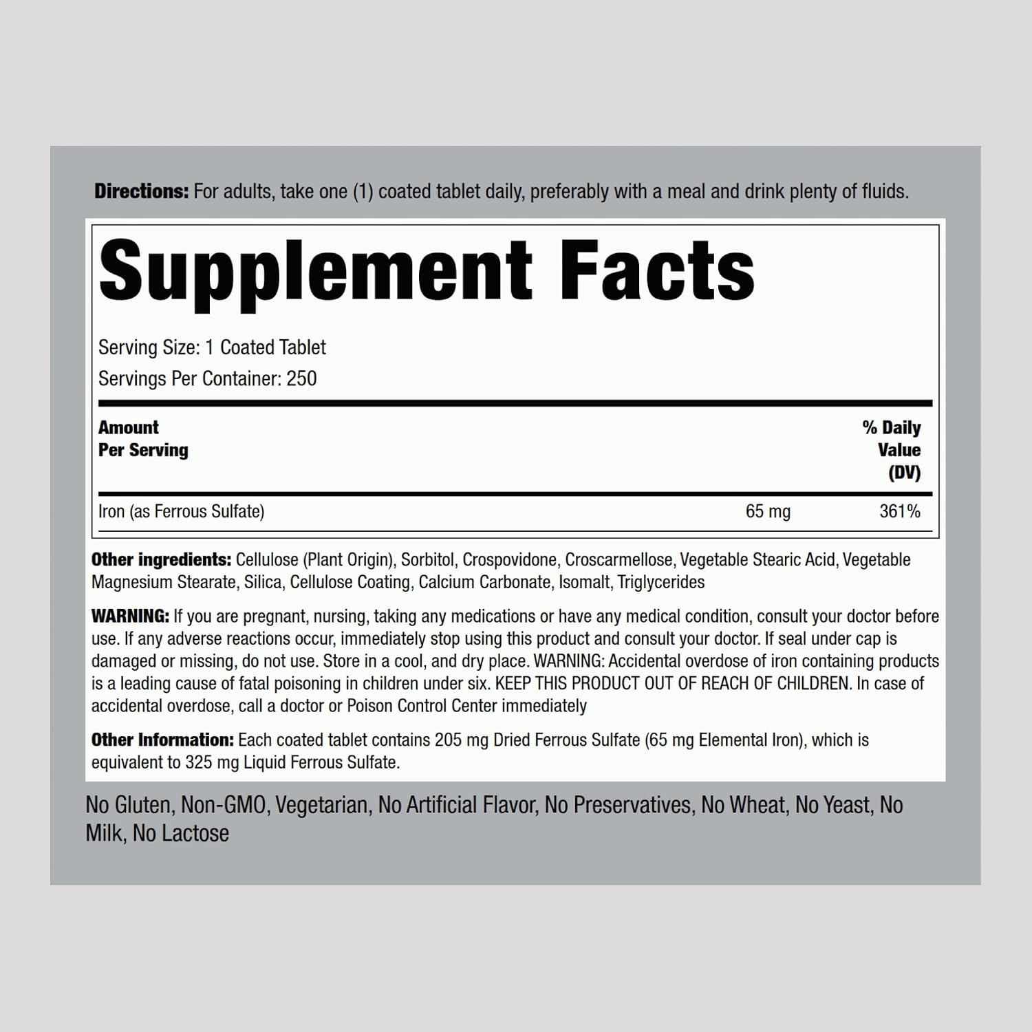 Piping Rock Iron Ferrous Sulfate 65 mg | 250 Tablets | Iron Supplement | High Potency Formula | Vegetarian, Non-GMO, Gluten Free