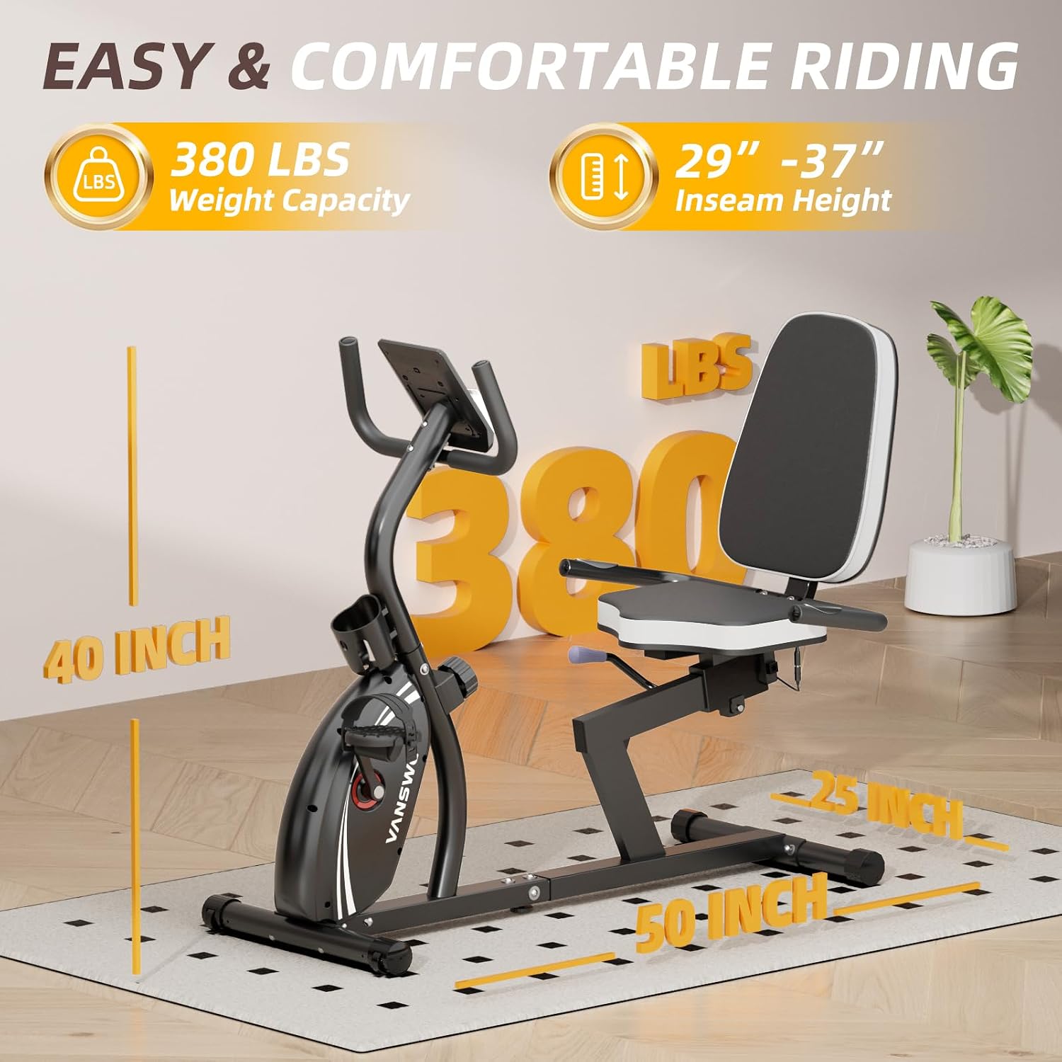 VANSWE Recumbent Exercise Bike for Home Seniors with 380 LB Weight Capacity | Fit 5’1”-6’1”, 16-Level Magnetic Resistance
