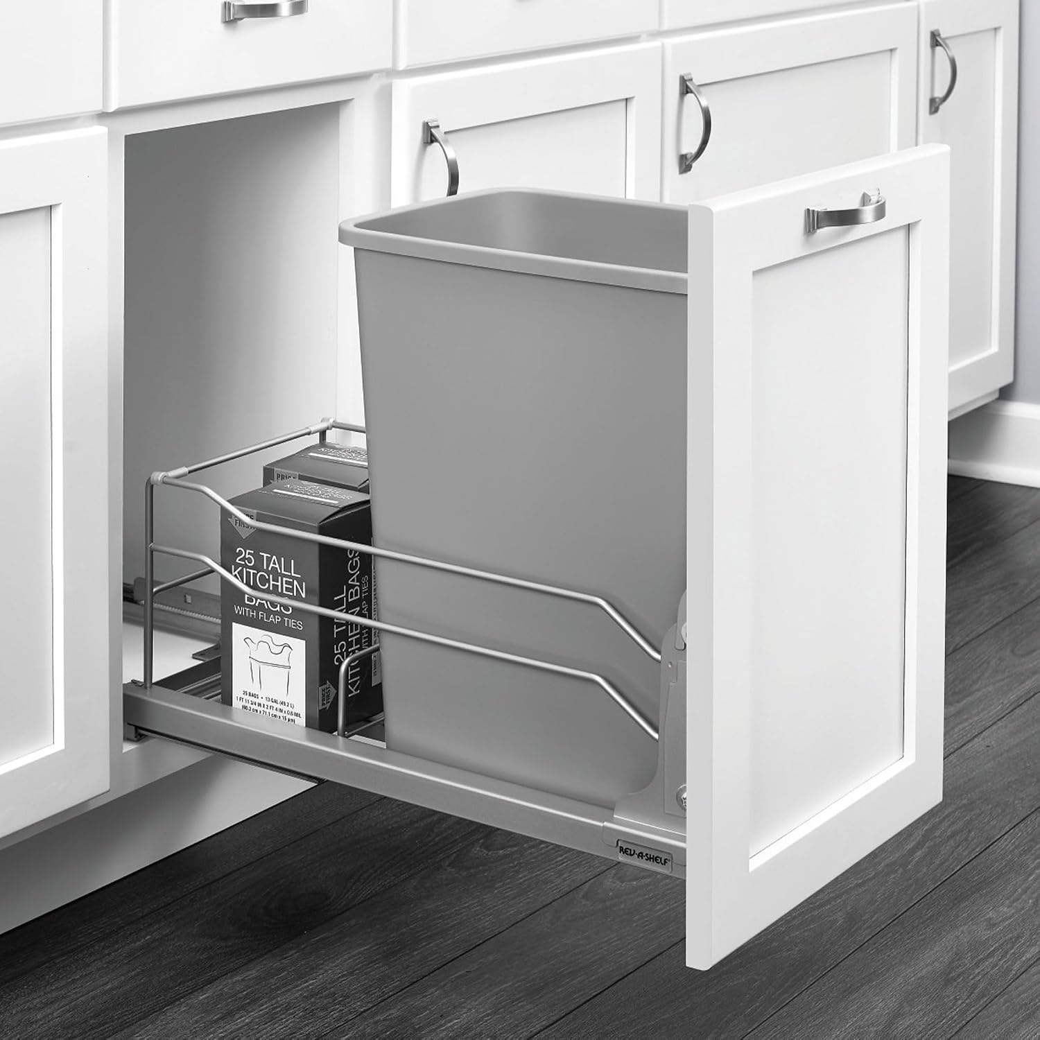 Rev-A-Shelf 35 Qt Pull Out Trash Can with Soft Close for Under Kitchen Cabinets, Min Opening Width of 11.5", Metallic Silver, 53WC-1535SCDM-117