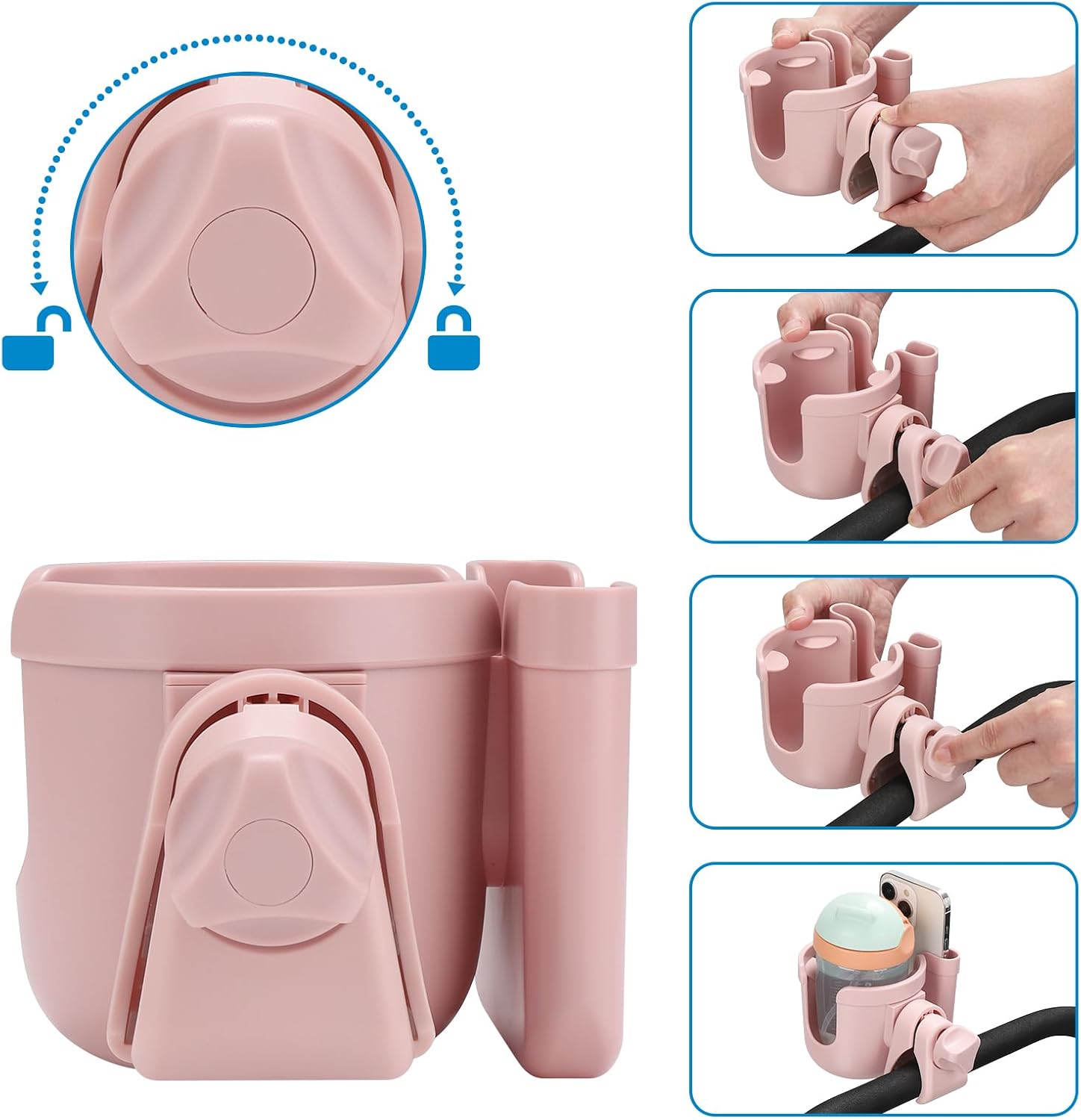 Accmor Stroller Cup Holder with Phone Holder, Bike Cup Holder, Universal Cup Holder for Uppababy Nuna Strollers, 2-in-1 Drinks Holder for Walker