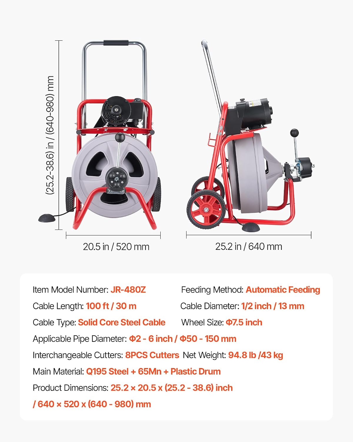 VEVOR Drain Cleaner Machine 100 FT x 1/2 Inch, Auto Feed Sewer Snake Drain Auger on Wheels, Portable Drain Cleaning Machine with 8 Cutters & Air-Activated Foot Switch for 2" to 6" Pipes