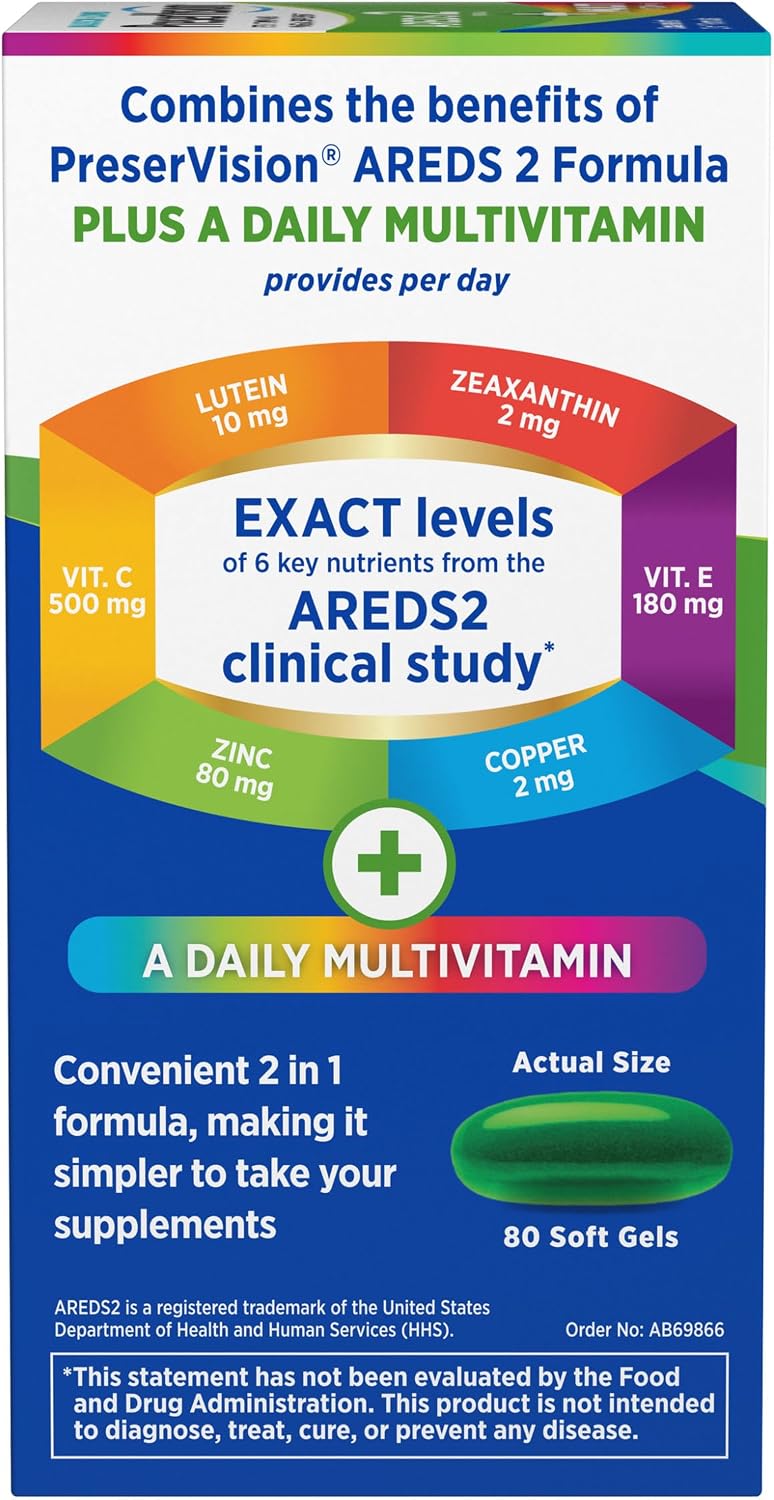PreserVision AREDS 2 + Multivitamin, #1 Eye Doctor Recommended Brand, 2-in-1 Eye Vitamin with Lutein, Zeaxanthin, Zinc, and Vitamin C, D & E, 100 Softgels