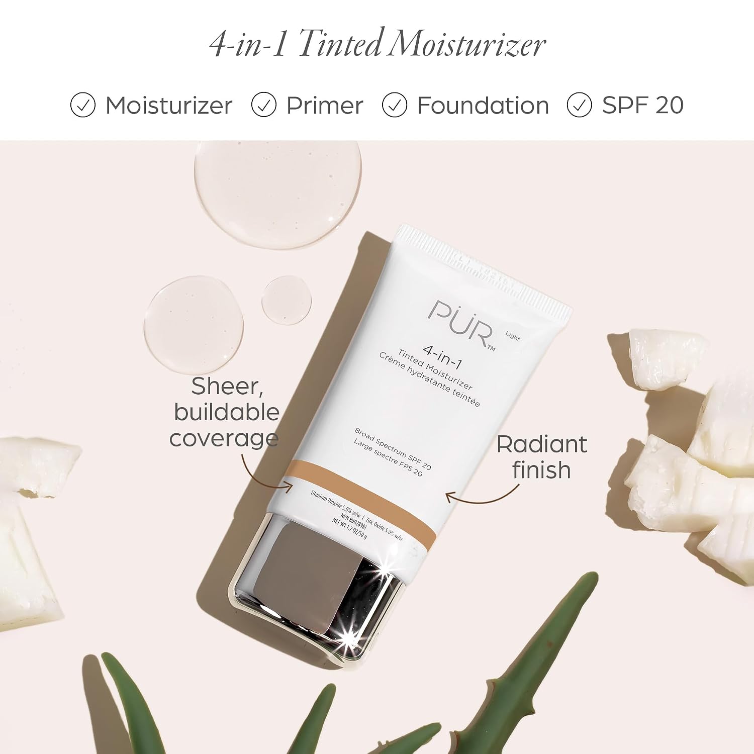 PÜR MINERALS 4-in-1 Tinted Moisturizer With SPF 20 - Hydrating Face Moisturizer, Primer, & Foundation With Shea Butter
