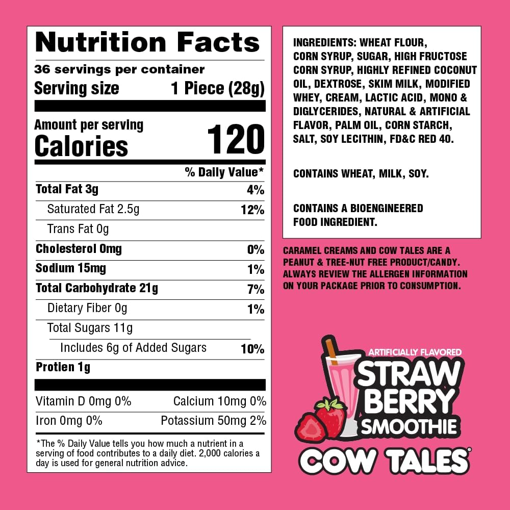 Goetze's Candy Strawberry Smoothie Cow Tales, 2.25 lb 36ct Canister | Chewy Strawberry Caramel and Cream Filling