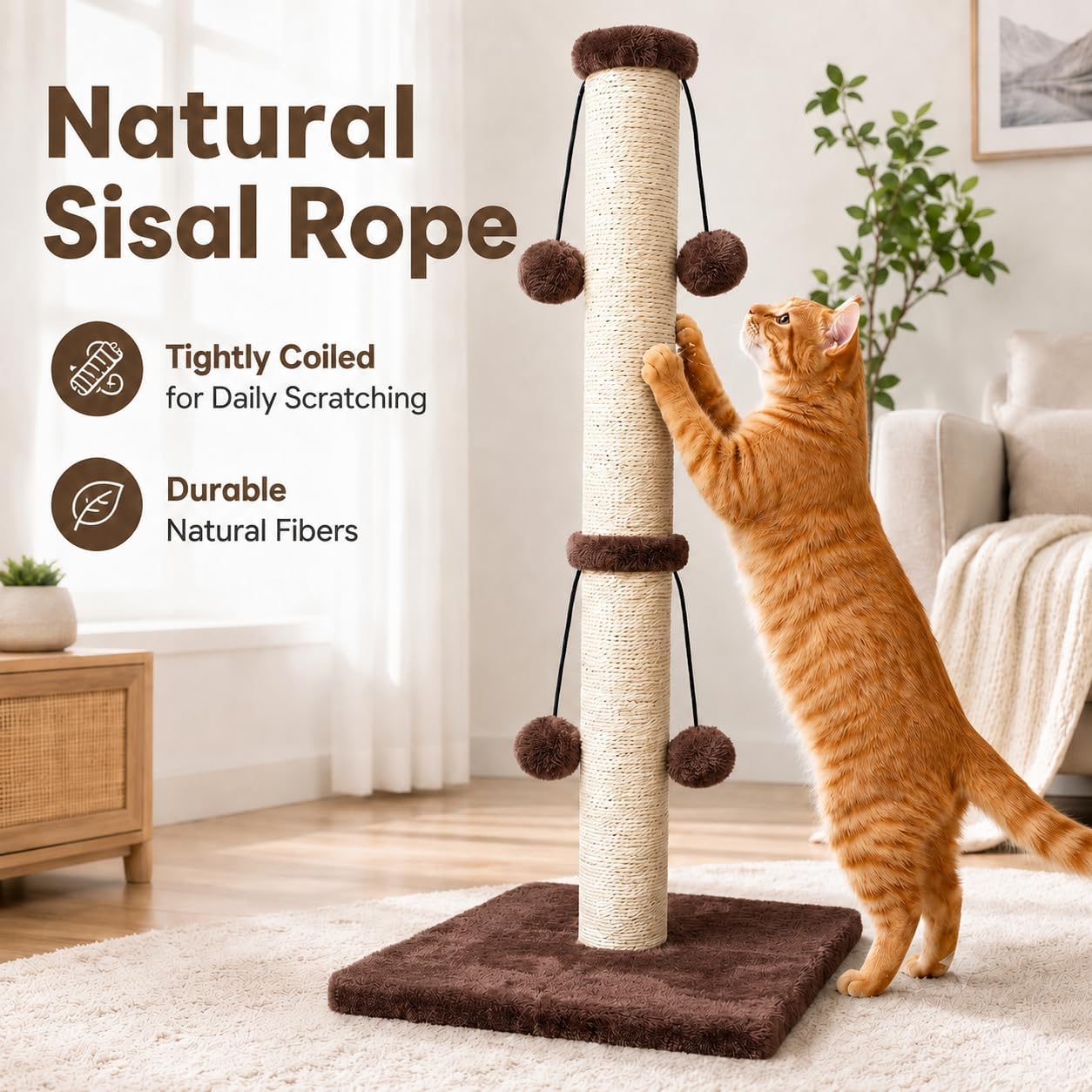 Dimaka 29'' Cat Scratching Post, Natural Sisal Rope Scratcher Post, Kitten Claw Scratch with 4 DanglingToy Balls for Large Cats (Grey)