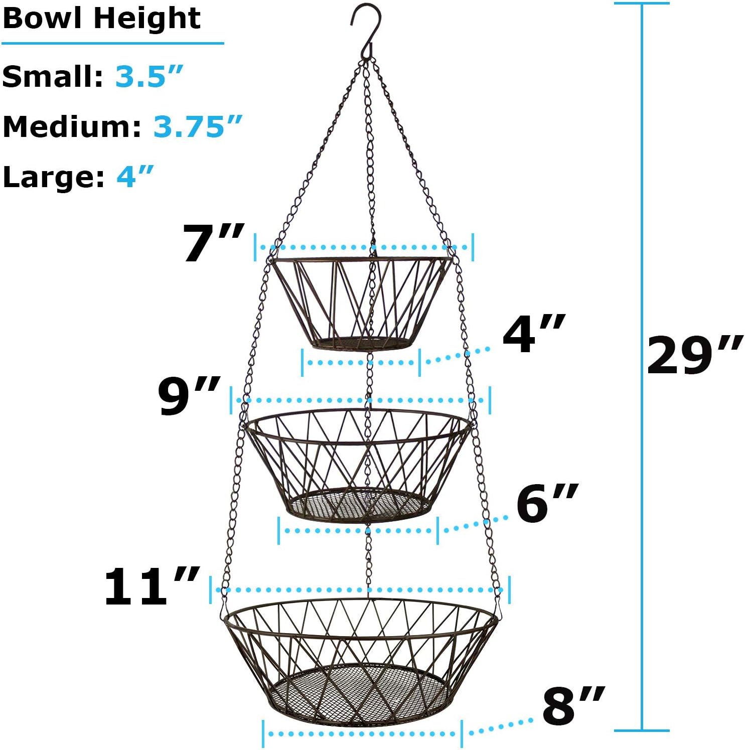 Heavy Duty - 3 Tier Hanging Kitchen Black Fruit Basket