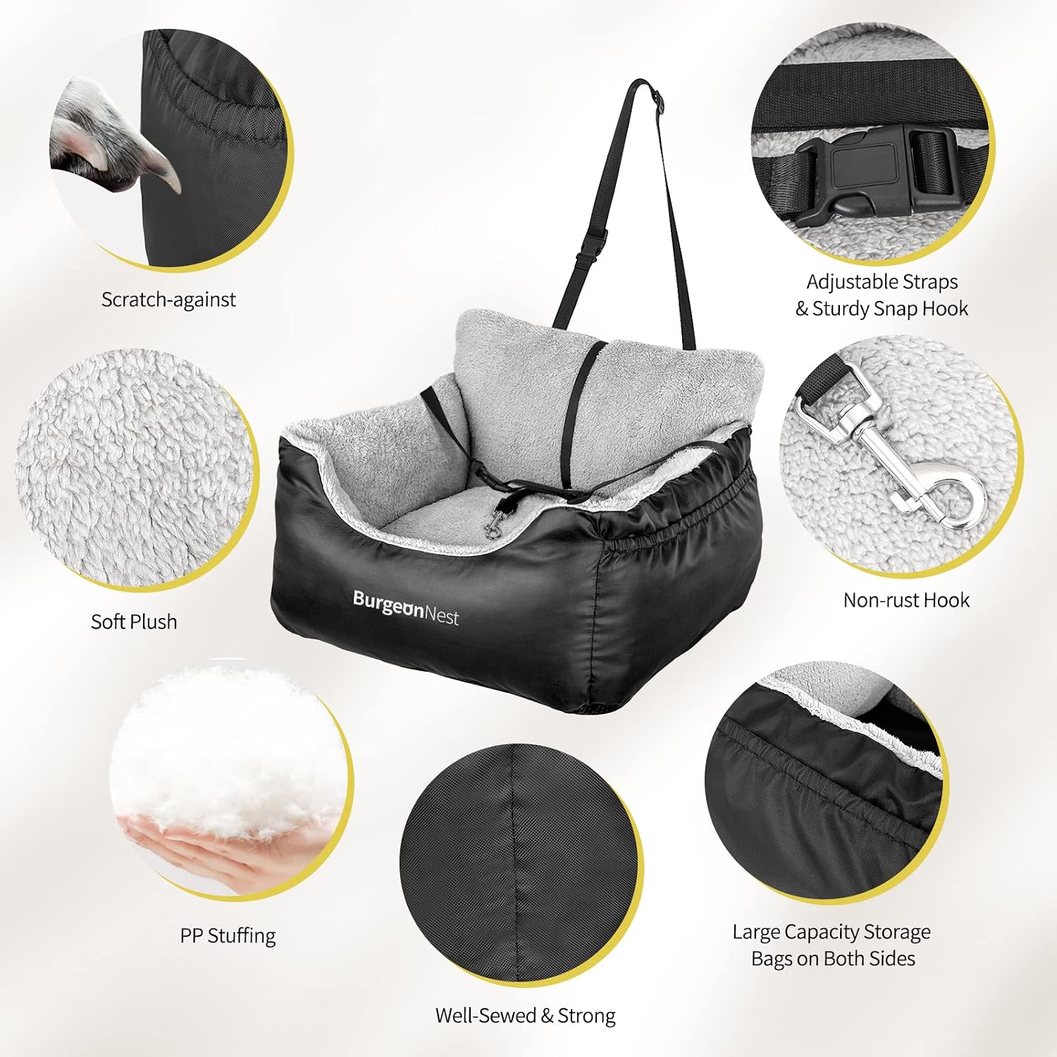 BurgeonNest Dog Car Seat for Small Dogs & Cats Under 25 lbs,Black
