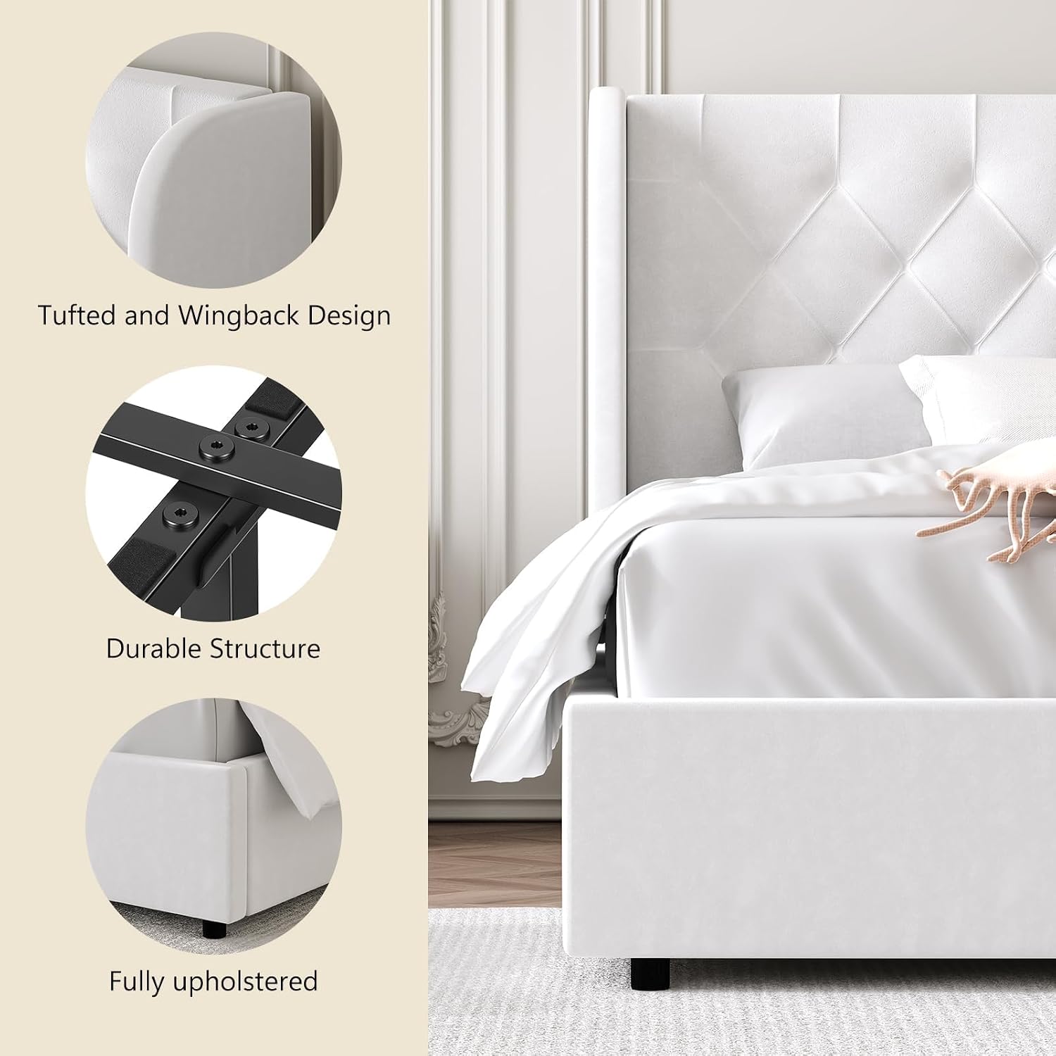 HOMBCK Full Size Bed Frame with Headboard, Upholstered Platform Bed, White | Velvet Tufted Curved Wingback/Wooden Slats Support/No Box Spring Needed/Noise-Free/Easy Assembly