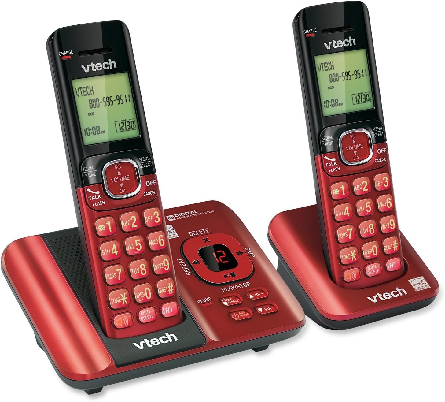 VTech CS6529-26 2-Handset Cordless Phone with Answering Machine, Caller ID/Call Waiting, DECT 6.0, Handset Speakerphone, Red