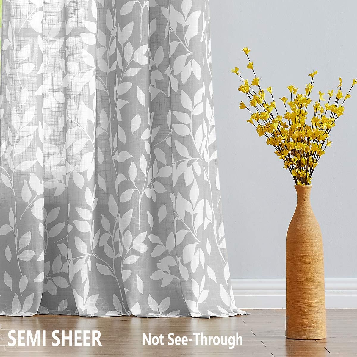 Leaf Semi Sheer Curtains for Bedroom Living Room 52x72" Taupe White Print 2