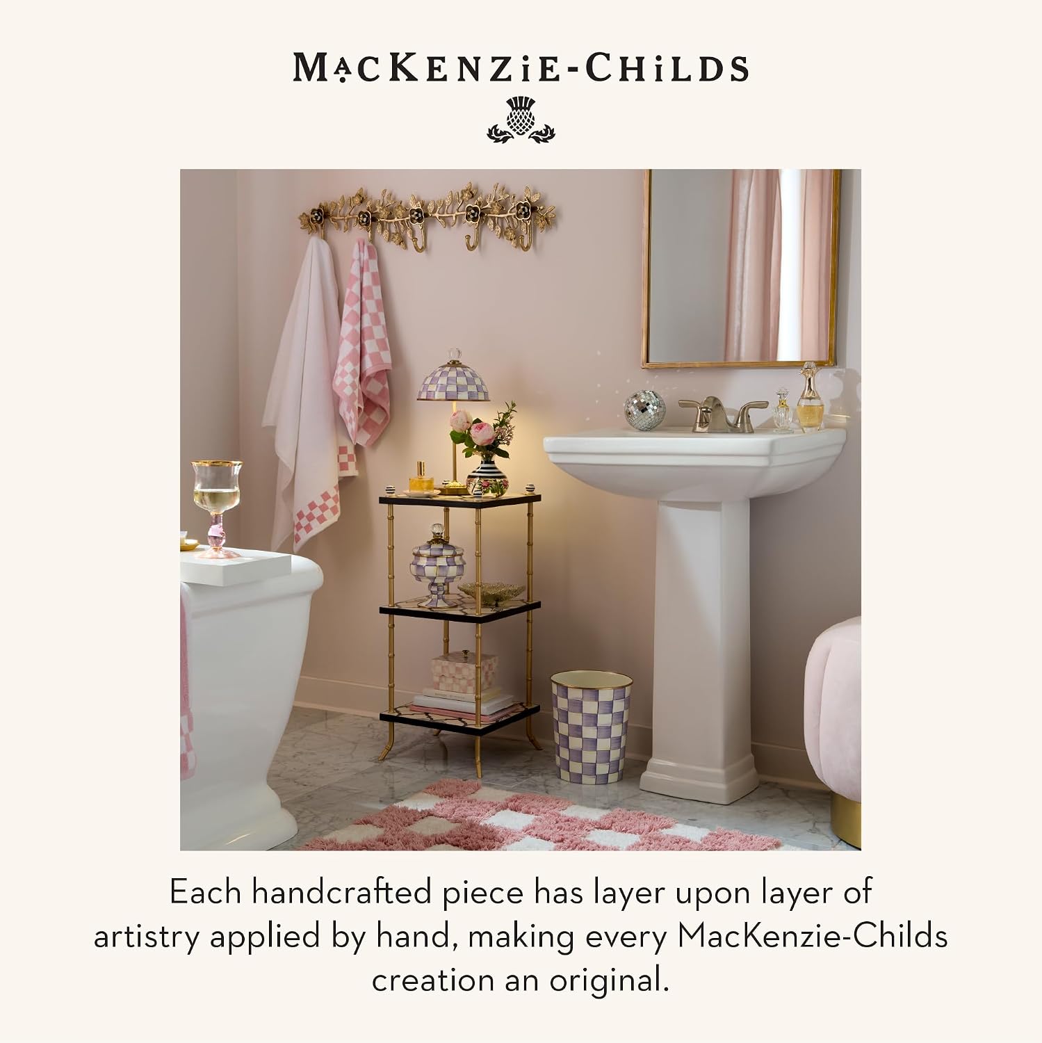 MACKENZIE-CHILDS Waste Bin, Black-and-White Courtly Check | Hand-painted design, made from enameled steel, decorative bedroom or bathroom trash can, 8" dia. x 9.5" H