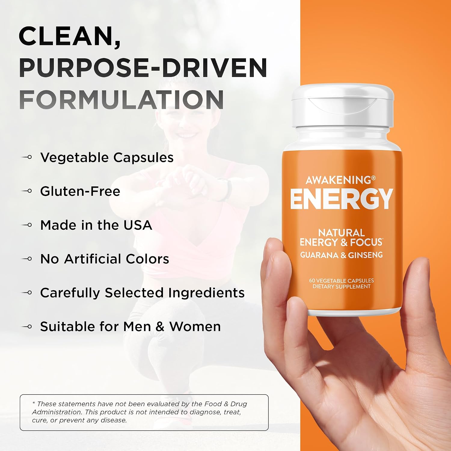 Awakening Natural Energy & Focus Supplement with Panax Ginseng, Guarana Extract & Chromium Picolinate | Brain Supplement for Focus, Energy