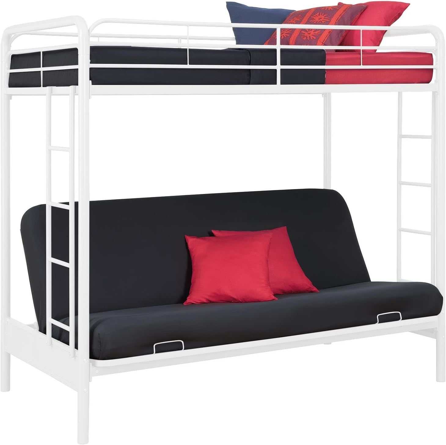 DHP Twin-Over-Futon Convertible Couch and Bed with Metal Frame, Ladder and Guardrails - Black