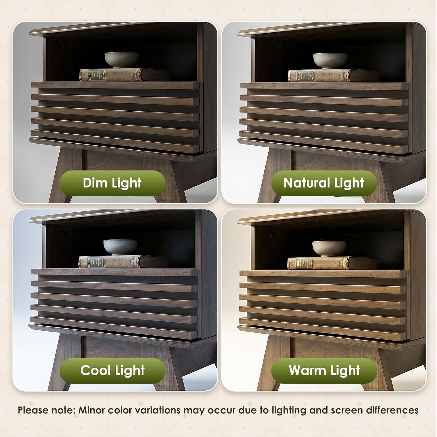 AODK 19 Inch Wide Fluted Nightstand Set of 2 with Drawer, Dark Walnut | Open Storage Shelf, Smooth Metal Slides, 4 Stable Legs