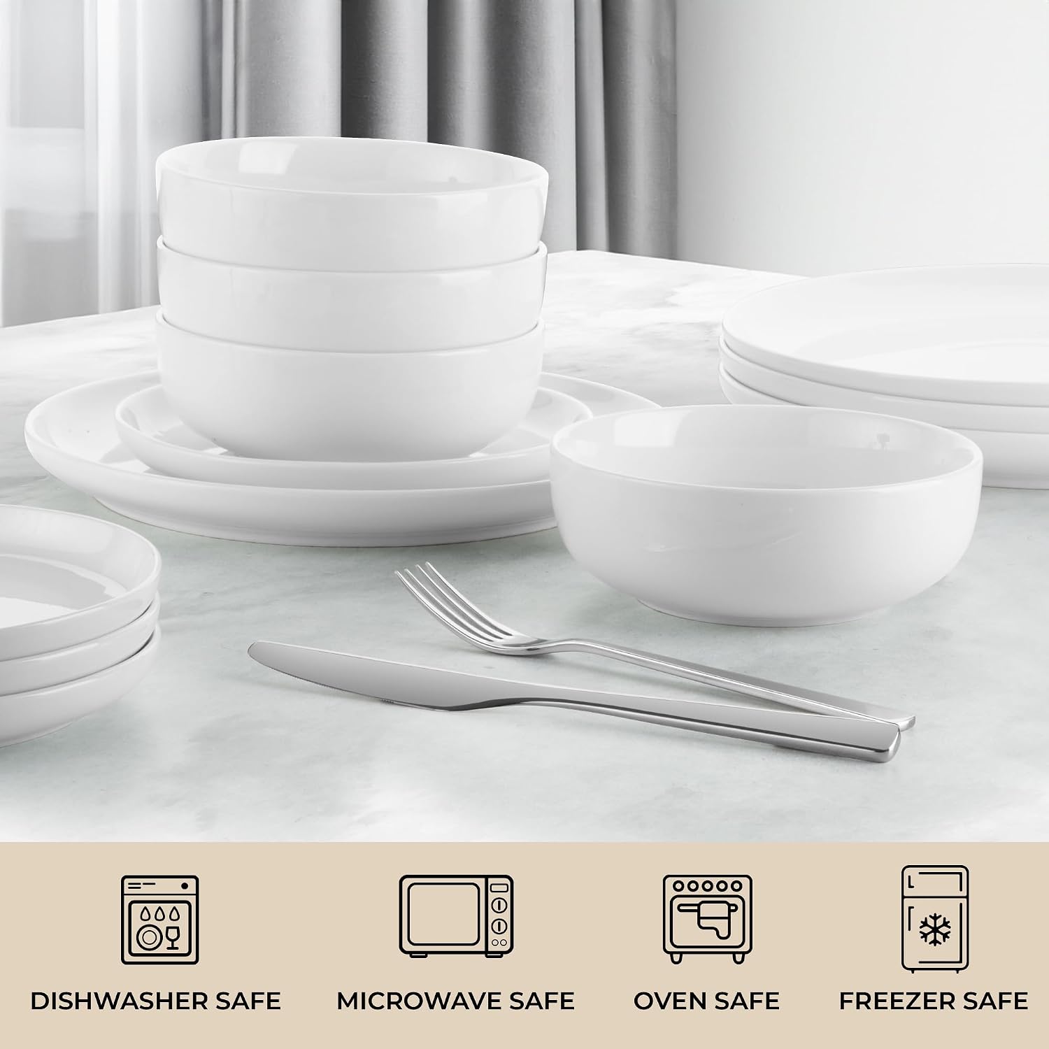 Zulay Kitchen Luna Plates and Bowls Sets, 16 Piece Modern Porcelain Dish Set for 4, Chip and Scratch Resistant Square Dinnerware Set