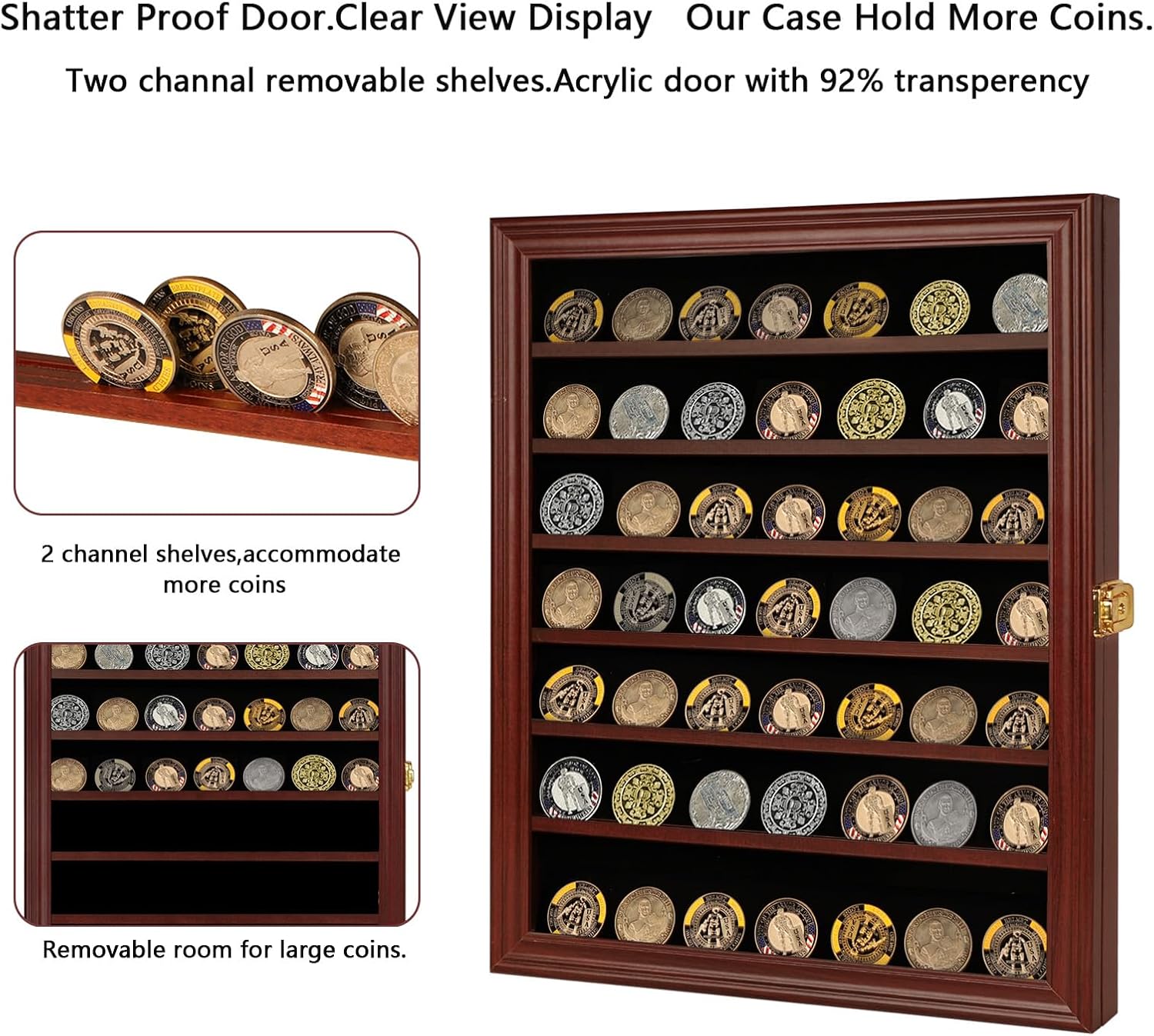 Jinchuan Military Challenge Coin Display Case Lockable Cabinet Rack Holder Shadow Box with Removable 2 Grooves Shelves and Anti Dust Door for Casino