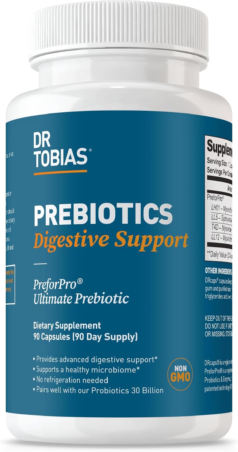 Dr. Tobias Prebiotics, Supports Digestion & Gut Health, Feed Good Probiotic Bacteria, Boost Gut Immune Function, Vegan & Non-GMO Gut Health Supplements for Men and Women, 30 Capsules, 30 Servings