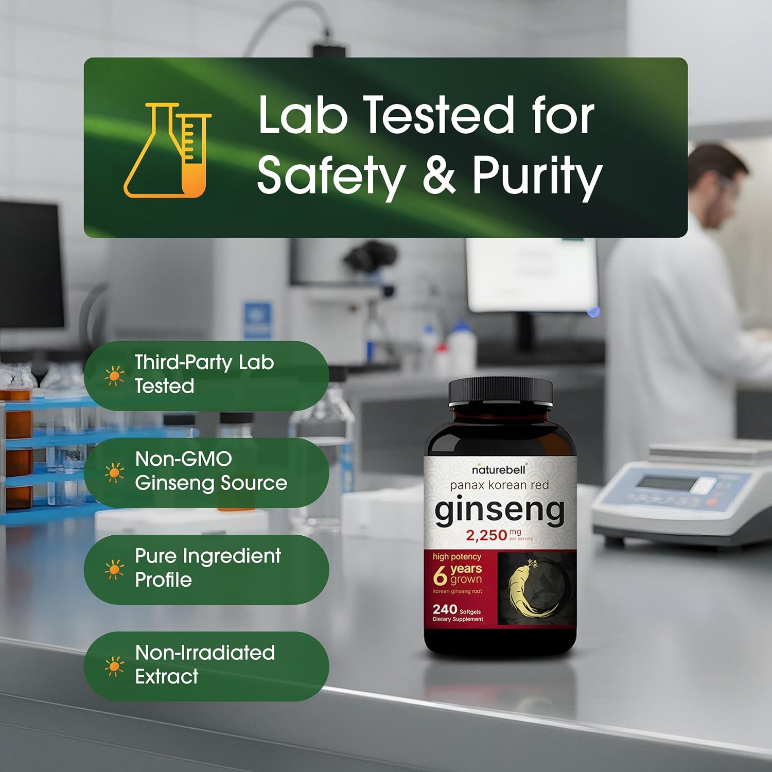 NatureBell Panax Korean Red Ginseng 2,250mg, 240 Softgels