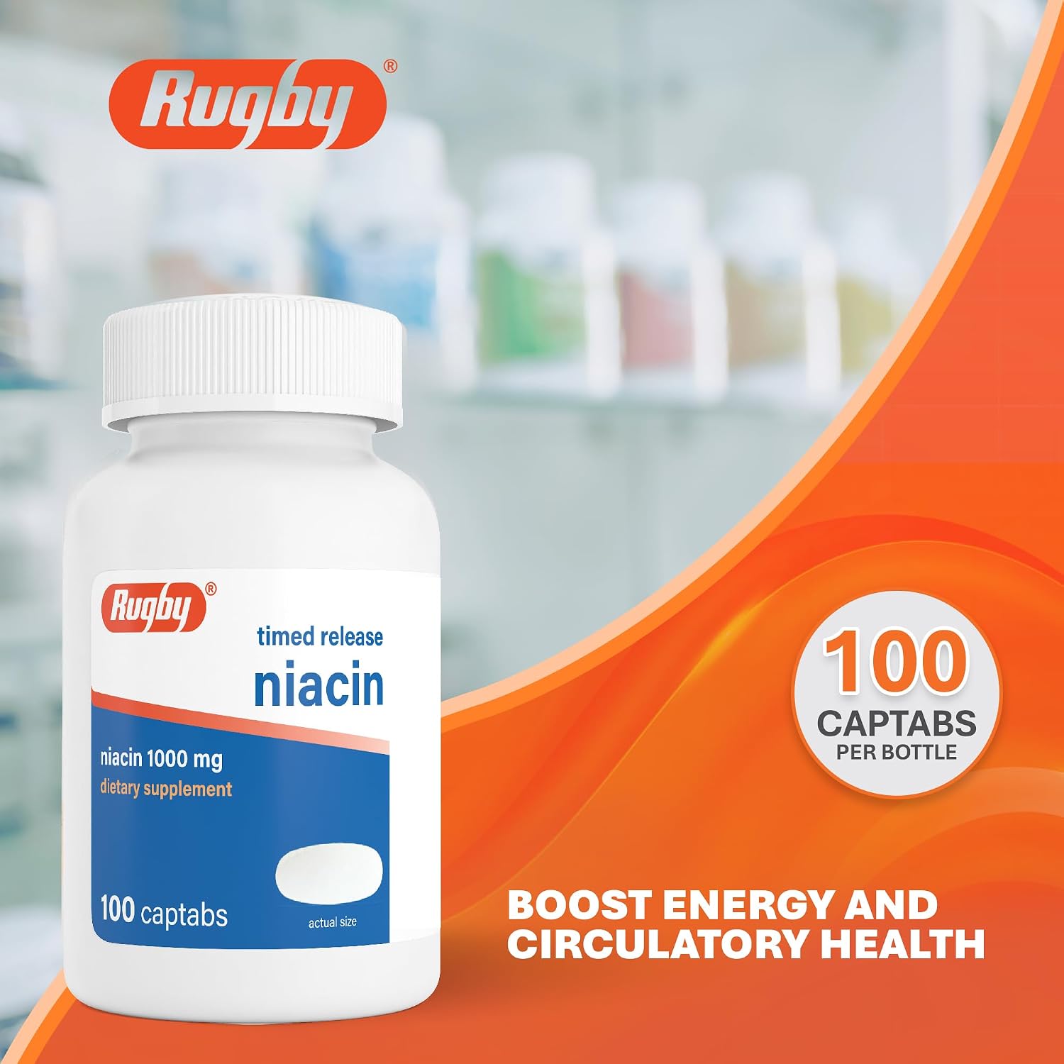 Rugby Timed-Release Niacin 1000mg Captabs for Adults, 100 Count (1-Pack) | Dietary Supplement for Energy, Circulation and Metabolism Support, Controlled Release to Help Minimize Flushing
